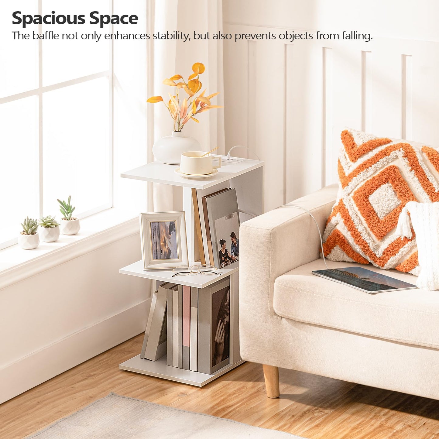 MAHANCRIS End Table with Charging Station, C-Shaped Narrow Side Table, White Nightstand with Storage, Narrow Bedside Table for Small Spaces, End Tables Living Room, Bedroom, Easy Assembly, ETWT18E01Z