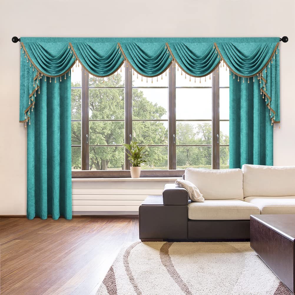 ELKCA Double-Sided Chenille Valance for Living Room Turquoise Curtains Valance with Gold Beads for Bedroom,Rod Pocket(W138Inch,1 Panel)