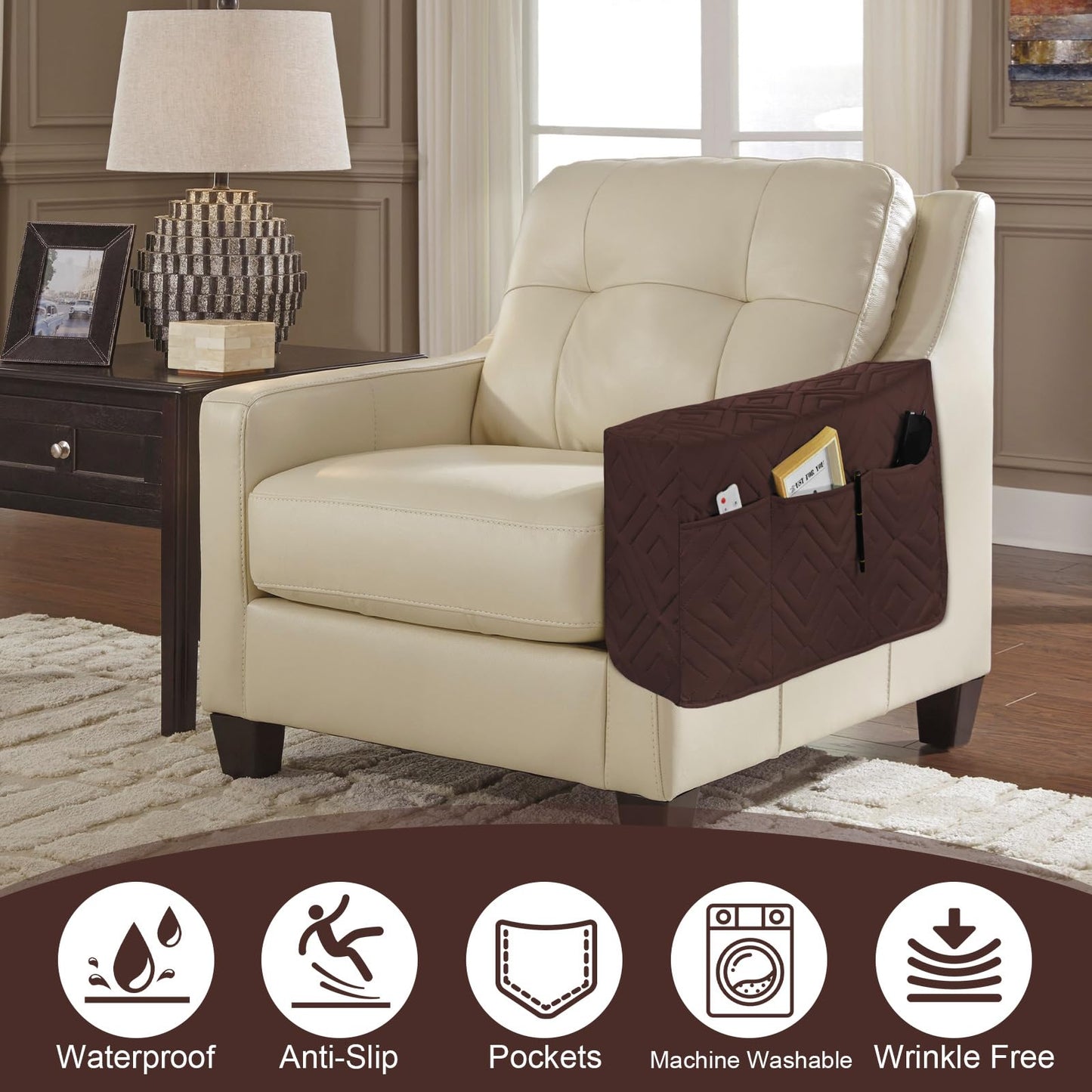 Armrest Covers, 2Pack Waterproof of Recliner Chair Arm Covers with Side Pockets, Washable Armrest Slipcovers Scratch Couch Cover Sofa Covers for Arm of Couch for Remote Control Holder, Phone, Magazine