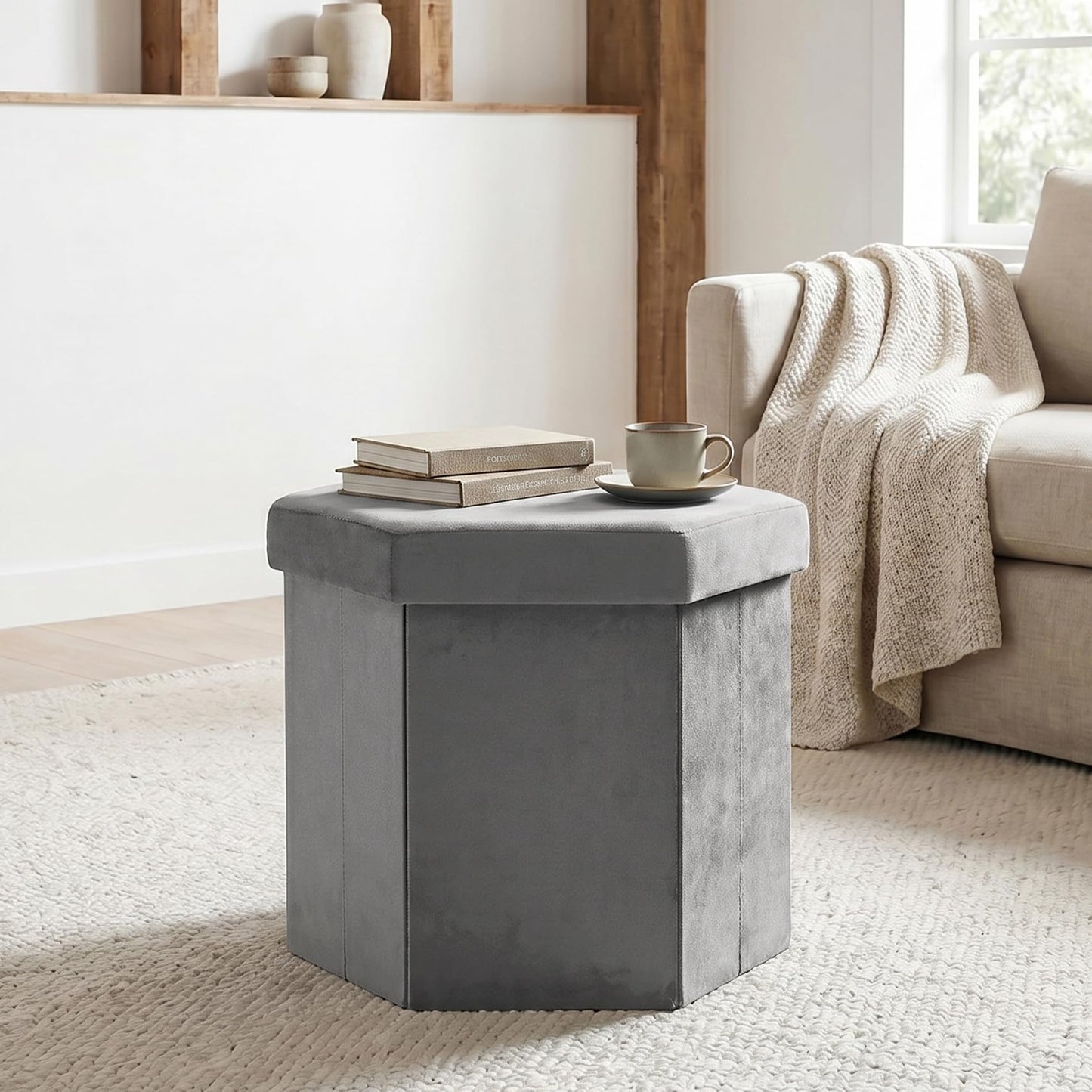 ZOLANOful Hexagon Storage Ottoman for Small Spaces, Velvet Accent Footstool with Hidden Storage, Foldable Ottoman Seat for Living Room, Bedroom, Dorm & Entryway, Charcoal, 15 x 16.9 x 15 Inch