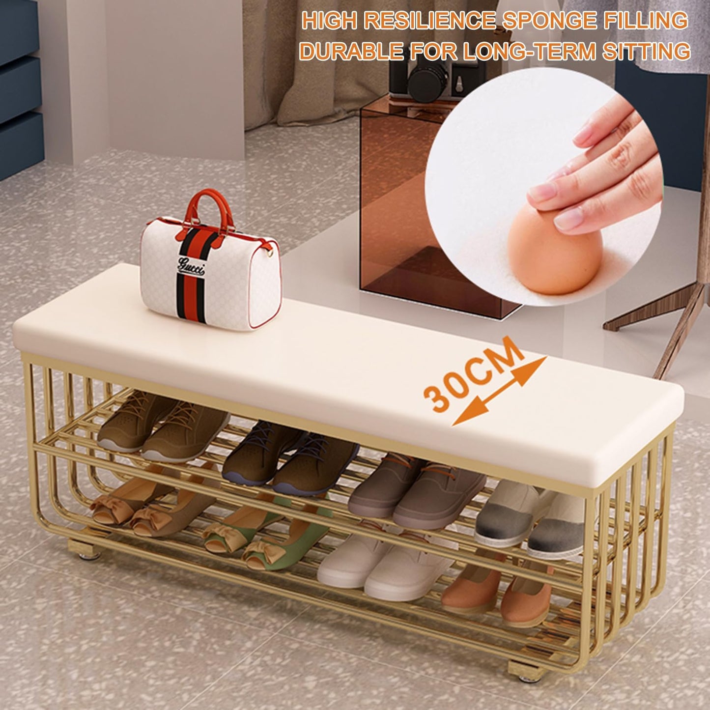 HARELA Shoe Bench with Cushioned Seat, PU Faux Leather Bench with Metal Base, Entryway Shoe Bench with Storage, Elegant Footstool for Entrance Living Room Cloakroom(Gold C,60cm/23.6in)