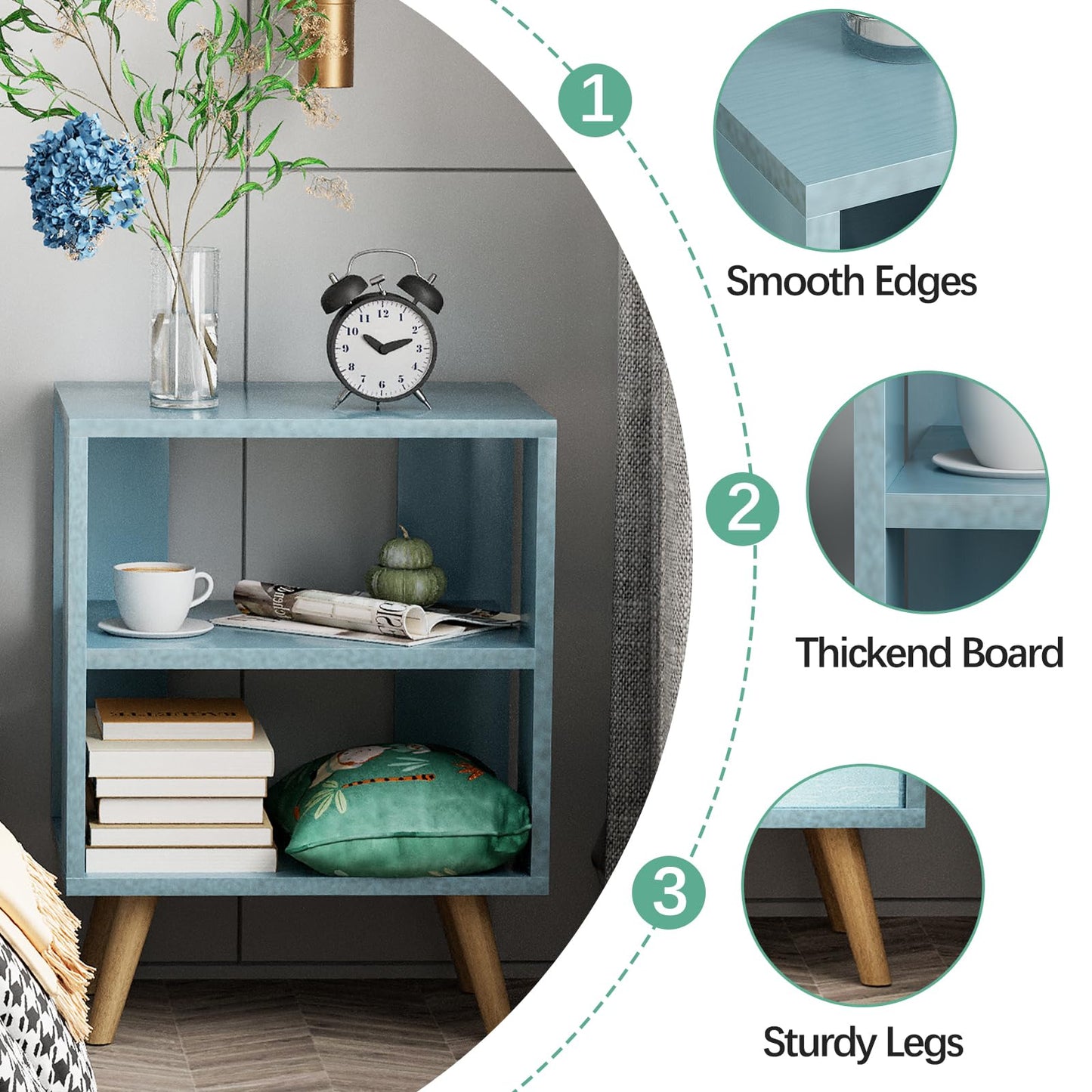 Aenuert Night Stand, Blue Kids Nightstand, Modern End Table with Open Storage, 2-Tier Nursery Bedside Table for Small Space, Living Room, Bedroom