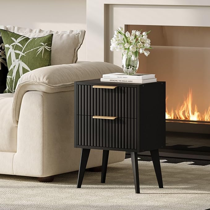 YAUKOMEL Small Black Night Stand, Mid Century Modern Bedside Table, Nightstand