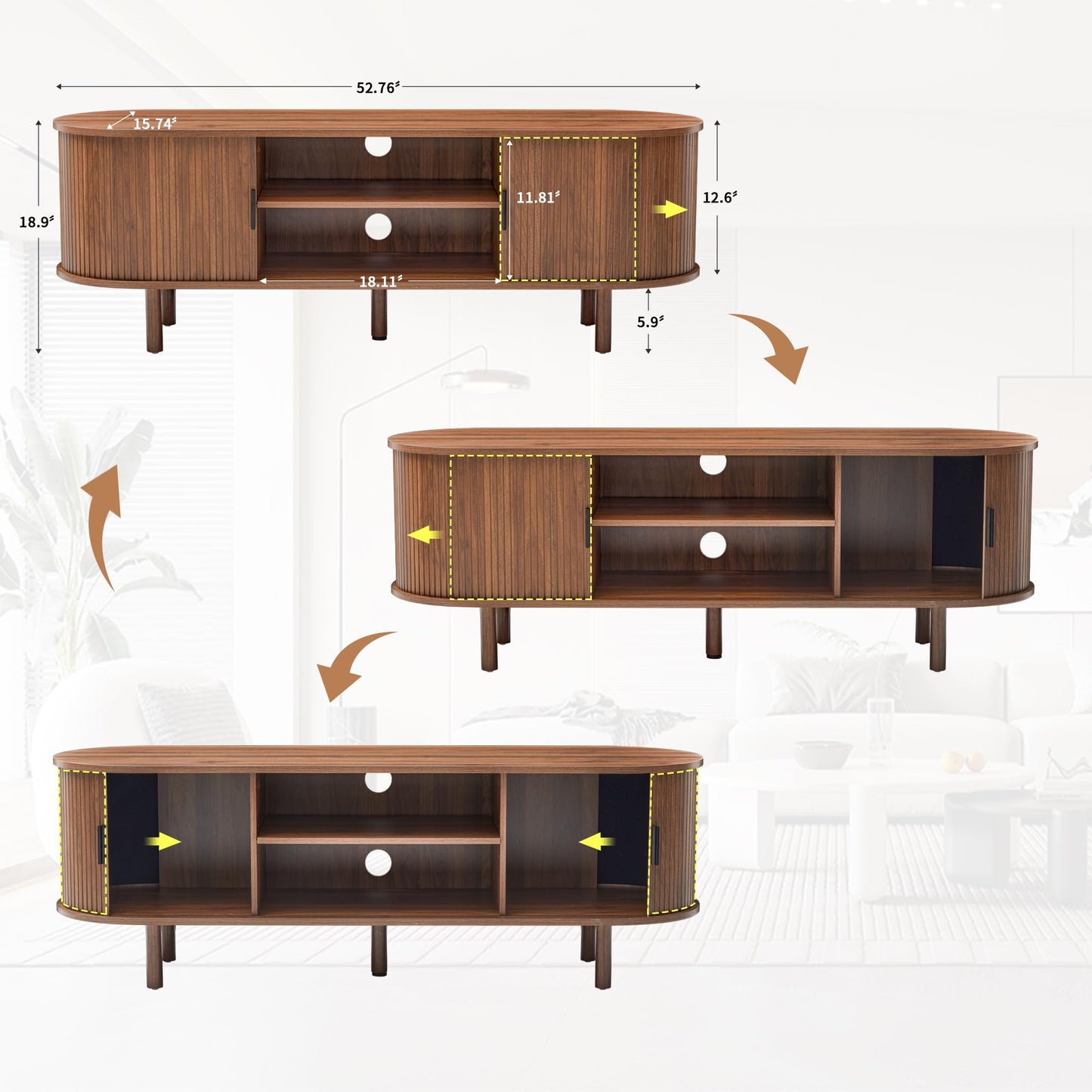 FurSch 53" Tambour Door TV Stand,Wood Mid Century Modern TV Cabinet for Up to 65“ TV,Curved Edge Long TV Stand with Storage for Bedroom Living Room(Walnut, 53inch)