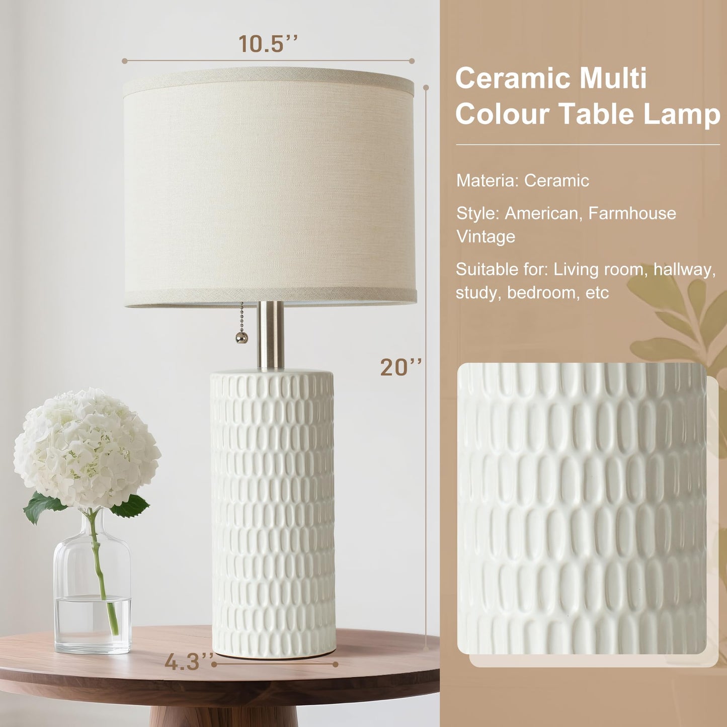 Reaketon 20.5" Modern Ceramic Table Lamps for Bedroom Set of 2, Bedside Lamps for Night Stands with Beige Lampshade, Farmhouse Table Lamp for Living Room Office Dorm, White