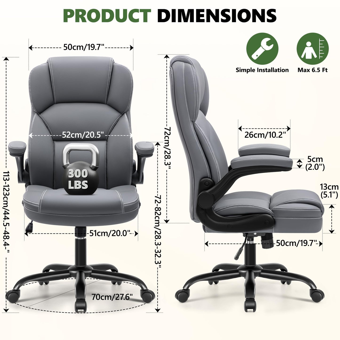 Brick Attic Leather Office Chair with Flip Up Arms, 360° Swivel Ergonomic Desk Chair with Wheels, Adjustable Height Computer Chair with Padded Seat for Home Office, Study,Gaming Room, Gray