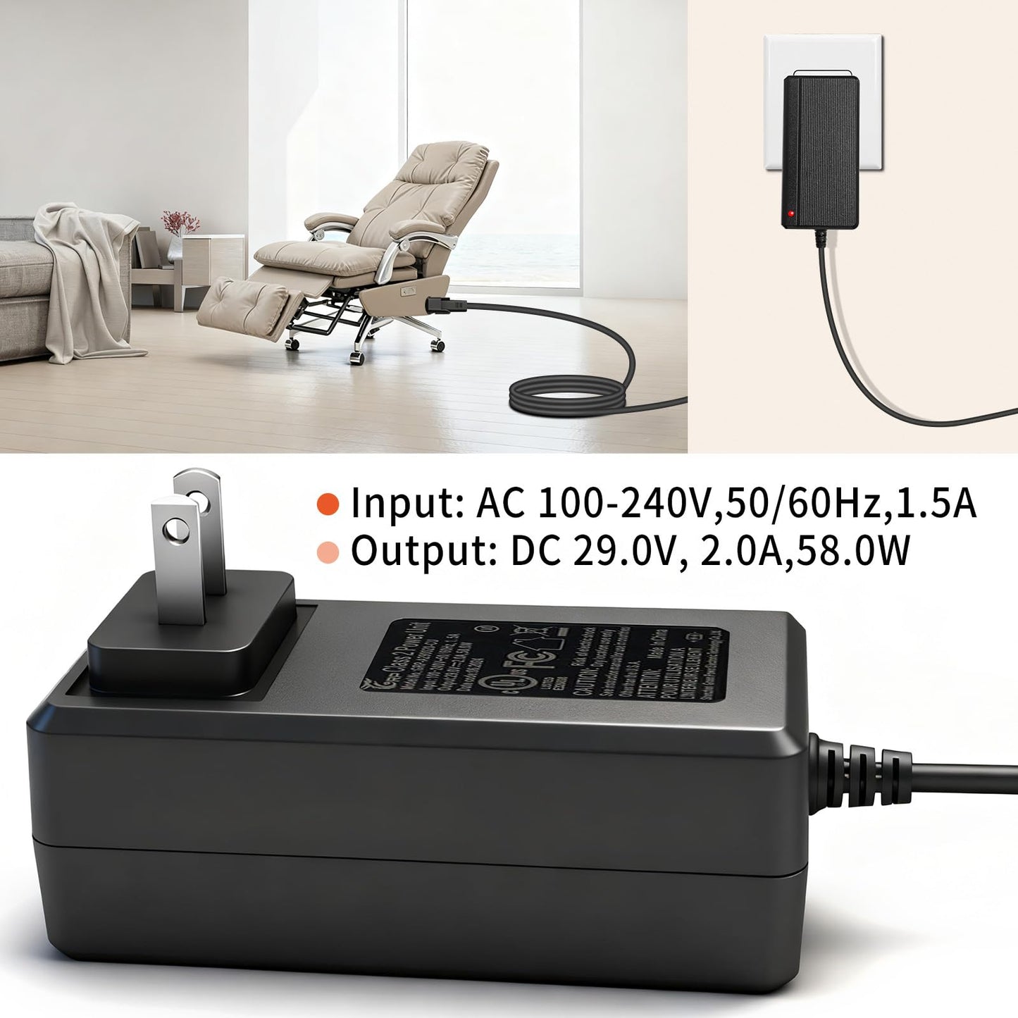 for Electric Standing Desk 29V Power Adapter Charger Compatible with Claiks P1.01.001 P101001 40" 48" 55" 63" Inches Adjustable Height Stand up Desk Compatible with a Variety of Electric recliners