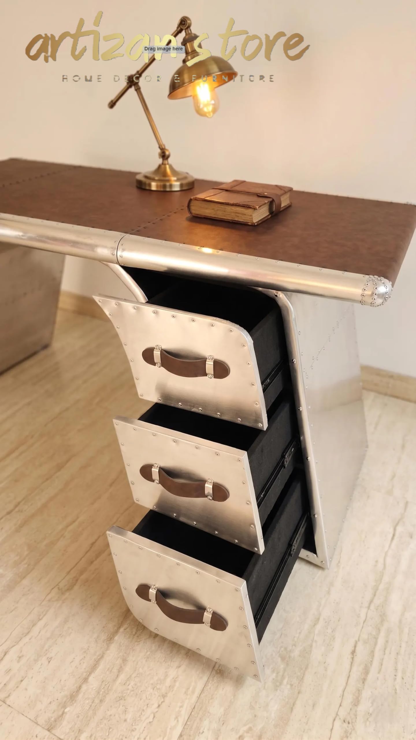 ARTIZANSTORE Industrial Aviator Wing Desk Handcrafted Aluminum Style with Leather Top Finish Office Furniture 68"