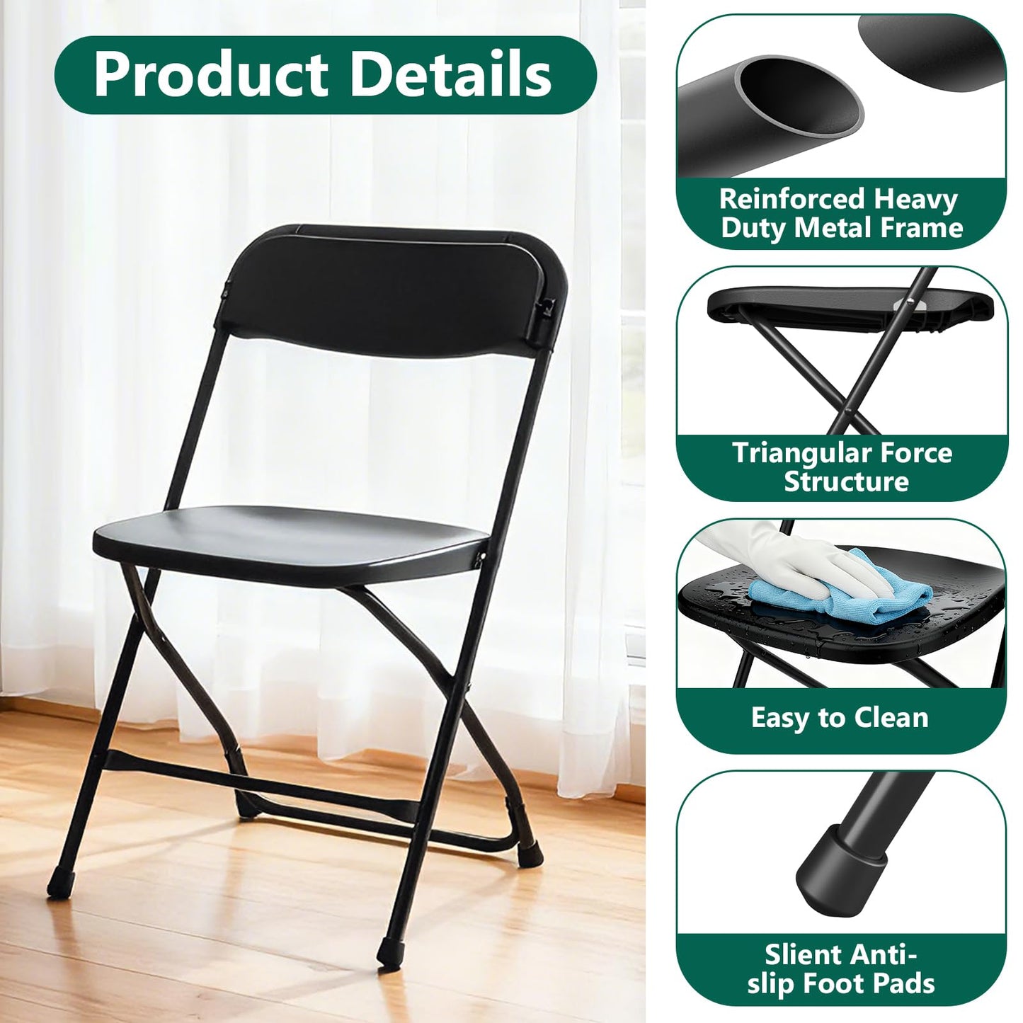 FurniEdge 4 Pack Black Plastic Folding Chairs, Outdoor Portable Folding Chair with Steel Frame, 350lbs Capacity Stackable Foldable Chairs for Patio, Garden, Picnic, Kitchen, Events