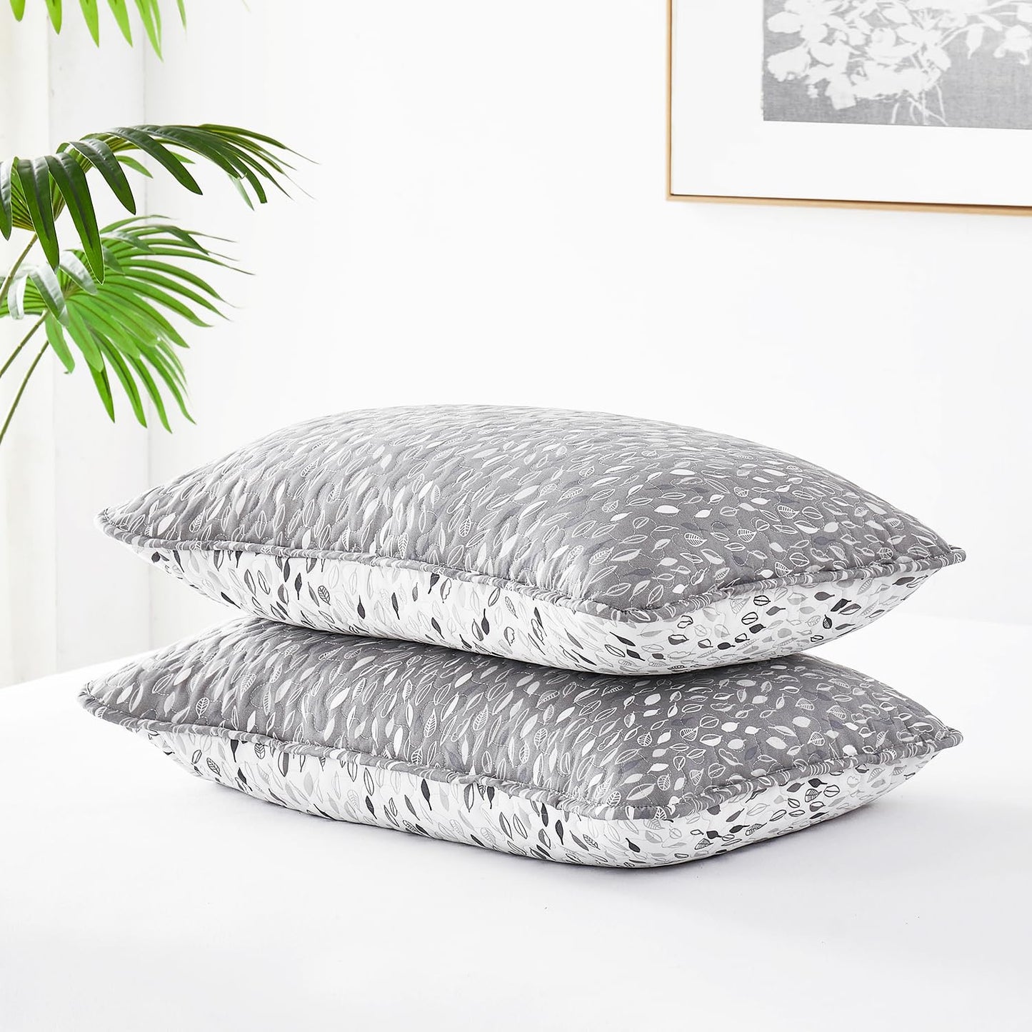 Southshore Fine Living, Inc. Twin Daybed Comforter Set, 6-Piece Bedding Set with Daybed Cover, 3 Pillow Shams, Bed Skirt, Throw Pillow - Twin Day Bed Quilt Set, Botanical Leaves Grey