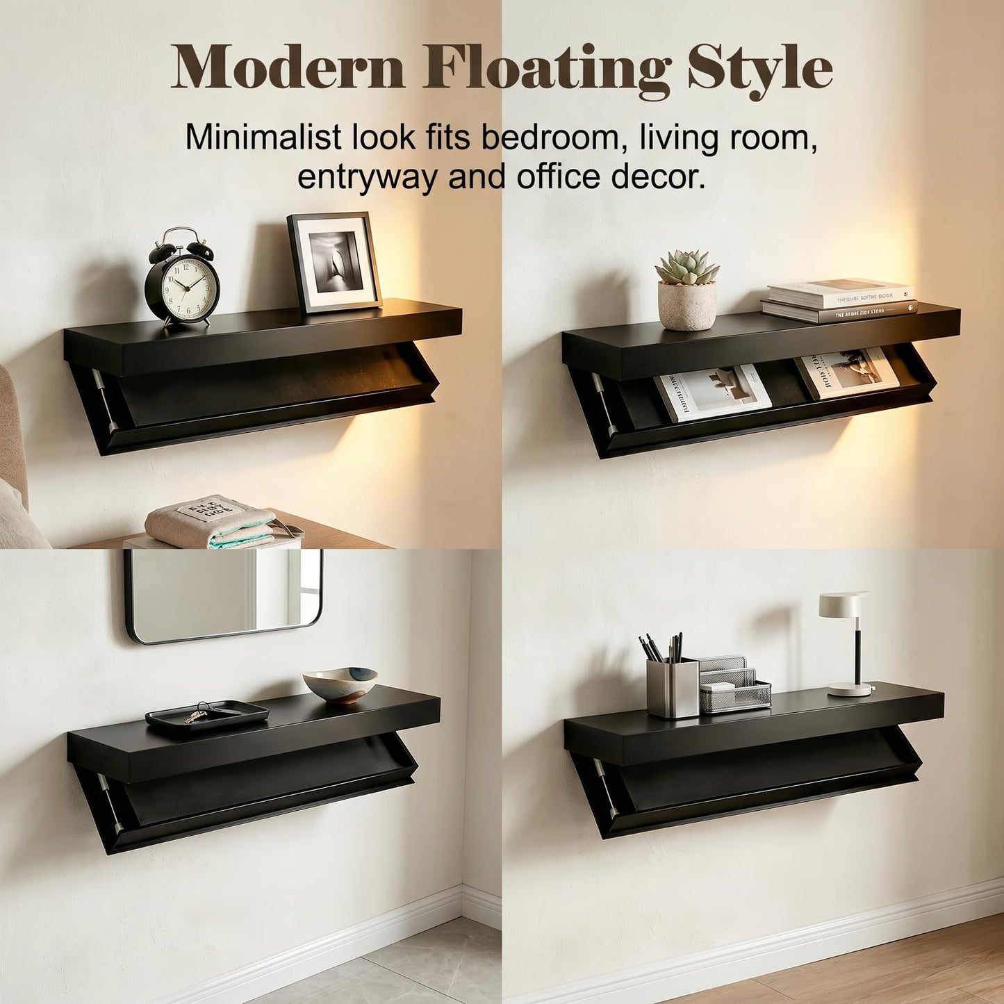 nawakol Floating Hidden Shelves for Wall with Concealed Storage Drawer, Hidden Shelf Night Stand with Secret Compartment, for Home Office Living Room, Black