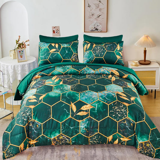 ZRNBAST Hexagon Emerald Green Comforter Set Queen Honeycomb Geometric Bedding Set 7 Piece Bed in A Bag with Gold Trim Print Pattern All Season Marble Bed Set with Sheets (Emerald Green, Queen)
