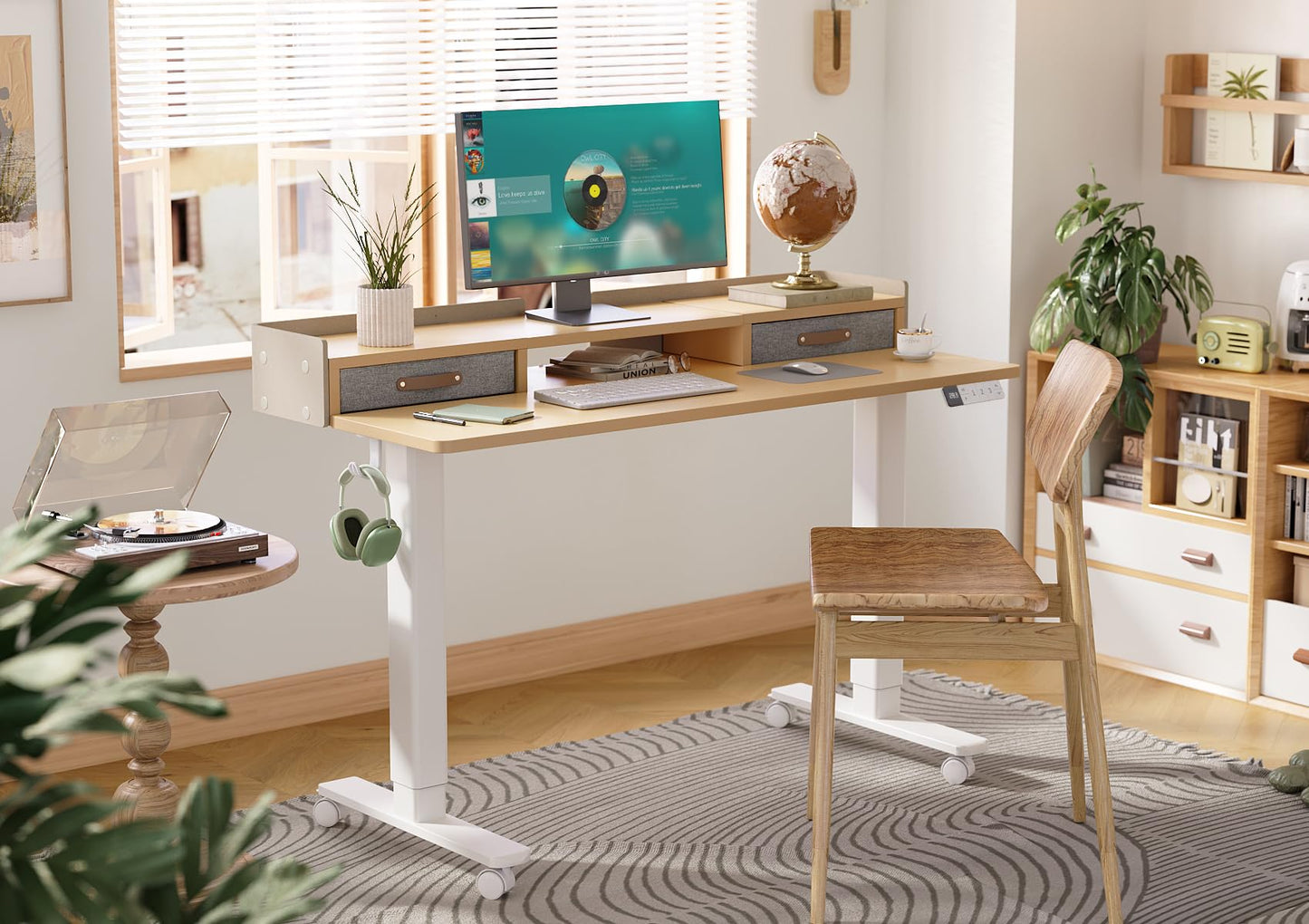 Claiks Standing Desk with Drawers, Stand Up Electric Standing Desk Adjustable Height, Sit Stand Desk with Storage Shelf and Splice Board, 55 Inch, Natural
