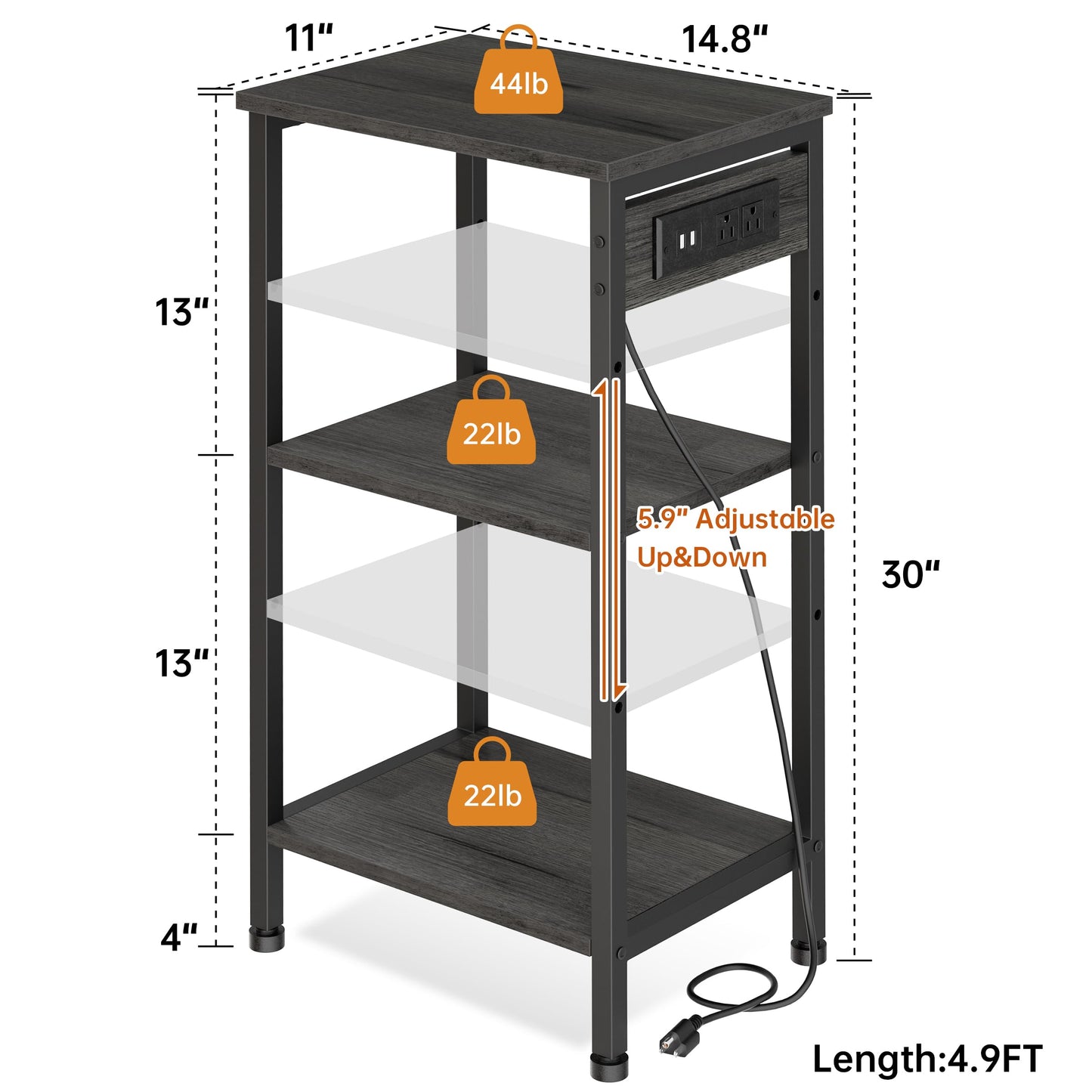 Asgolion Tall End Table with Charging Station, 3 Tier Narrow Beside Table with Adjustable Shelf, Tall Gray Side Table Nightstand for Bedroom, Living Room Coffe Table, Office, Charcoal Grey