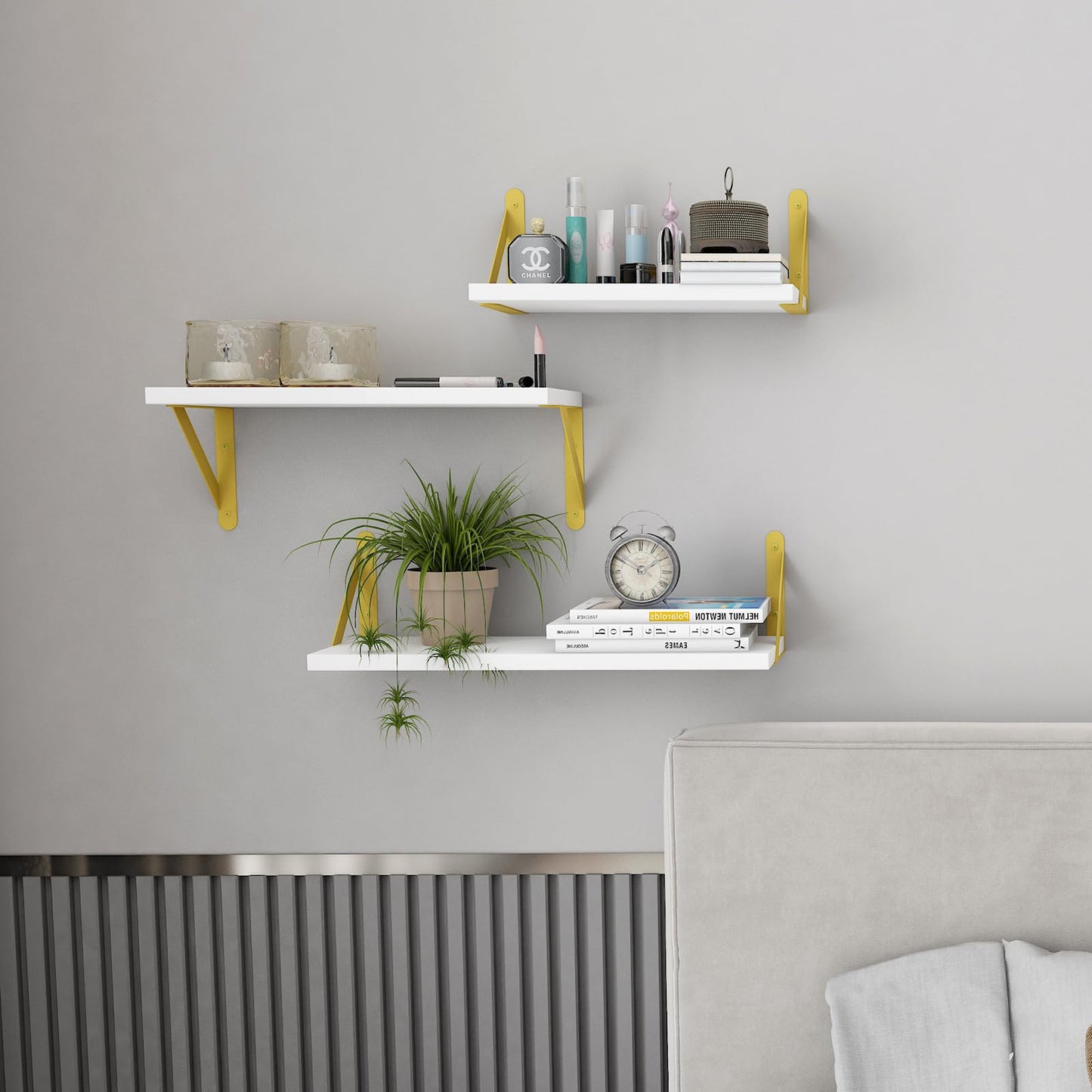 YGEOMER White Shelves for Wall, Different Sizes Wall Floating Shelves for Living Room, Bathroom, Bedroom, Kitchen, Home Decor (Set of 4)