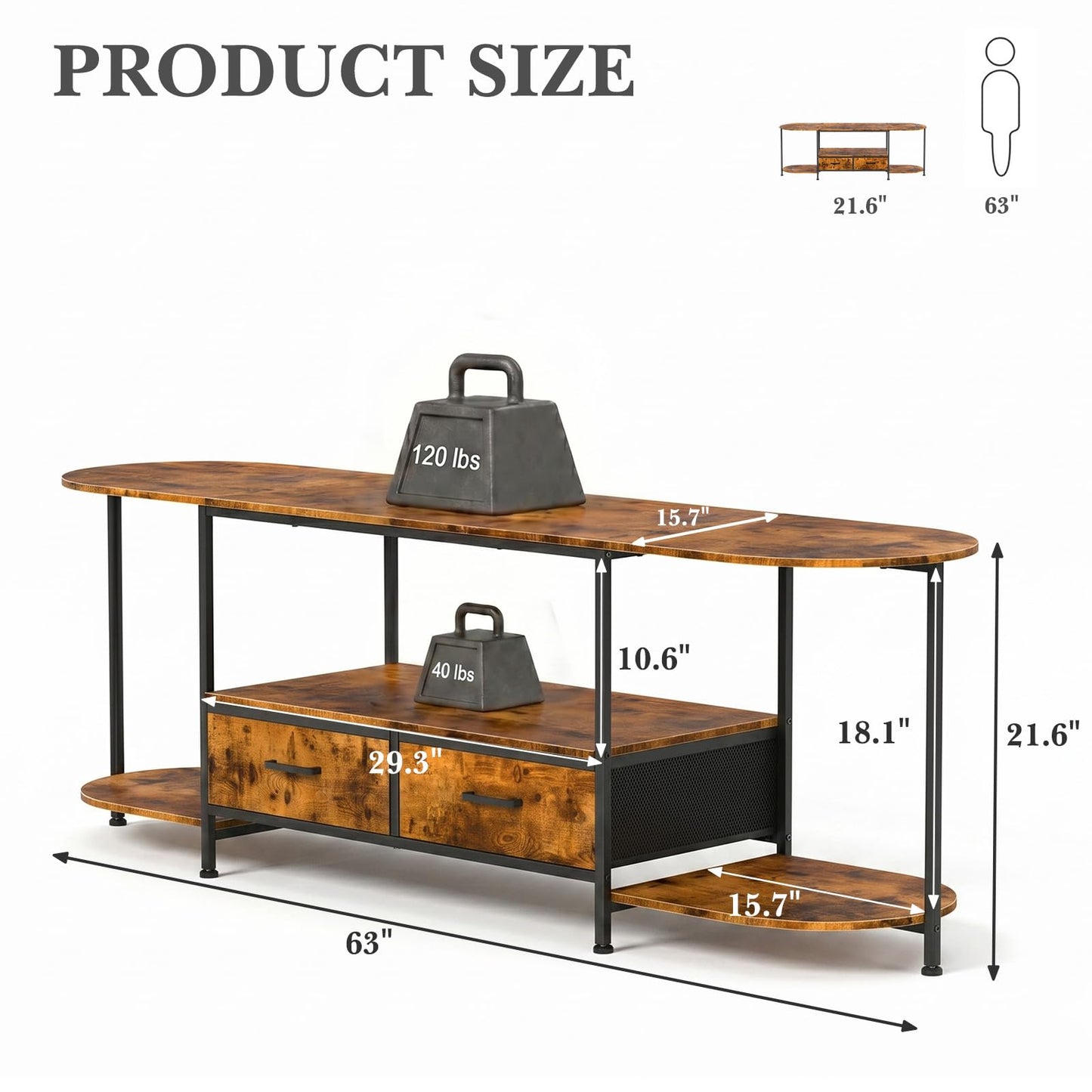 Faesun 63 Inch TV Stand for TVs Up to 70 Inch, Rustic Brown Entertainment Center with 2 Fabric Drawers, Modern TV Console Table with Curved Edge, Wood Media Stand for Living Room Bedroom