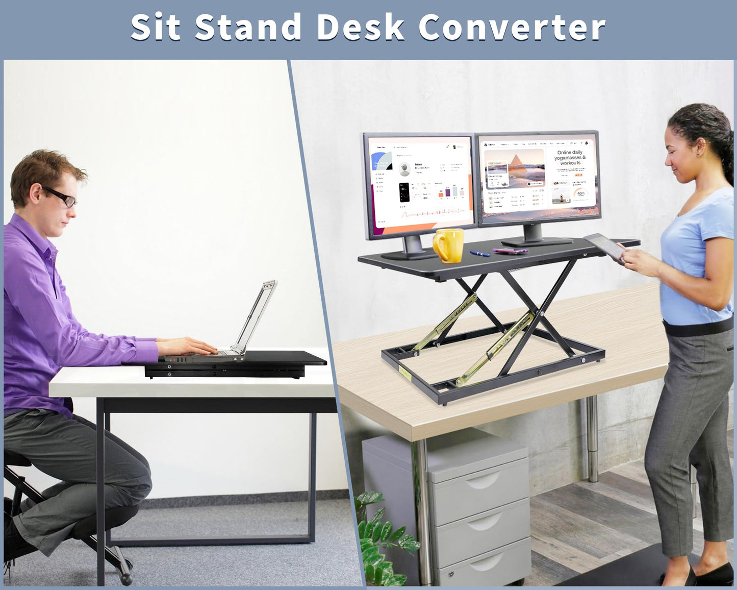 STANDNEE 32in Desk Riser for Standing or Sitting, Large Standing Desk Converter, Height Adjustable Sit Stand Desk Converter, Fully Assembled Monitor Laptop Riser Workstation for Home Office, Black