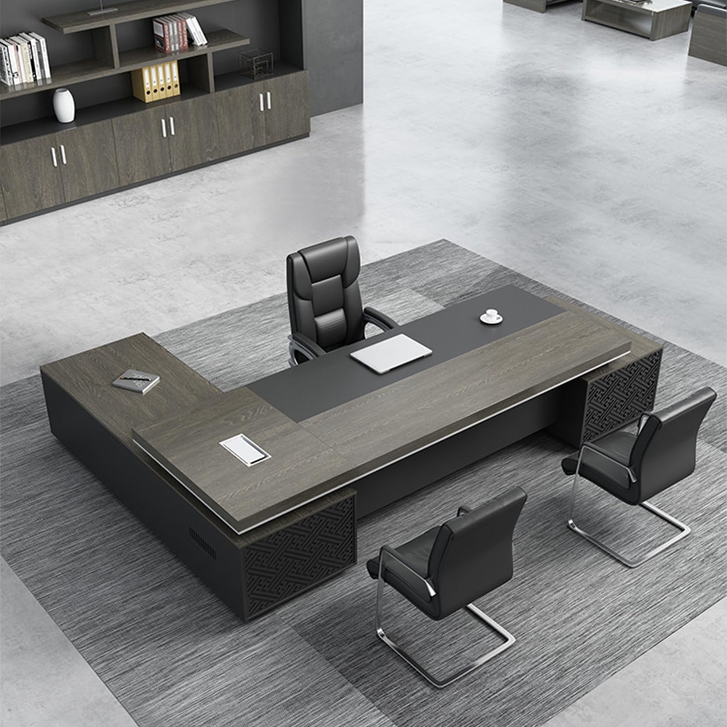 LSIGHTUS 102" Brown Large Modern Executive Office Desk, Wood Computer Desk with File Drawers Writing Study Table Business Furniture Set for CEO or Home