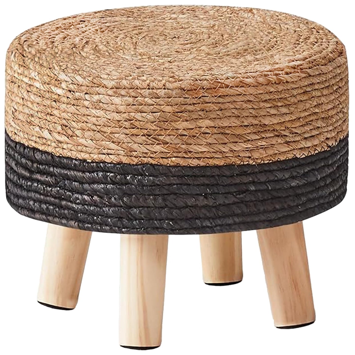 Wimarsbon Round Foot Stool Natural Seagrass Poufs Ottoman Hand Weave Footrest Stool for Couch Desk Extra Seat Step Stool with Solid Wood Legs for Hallway Patio Lounge Black