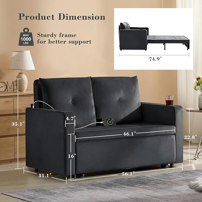 Krcix 3 in 1 Pull Out Couch, 56 Inch Velvet Sofa Bed, Convertible Sleeper Sofa
