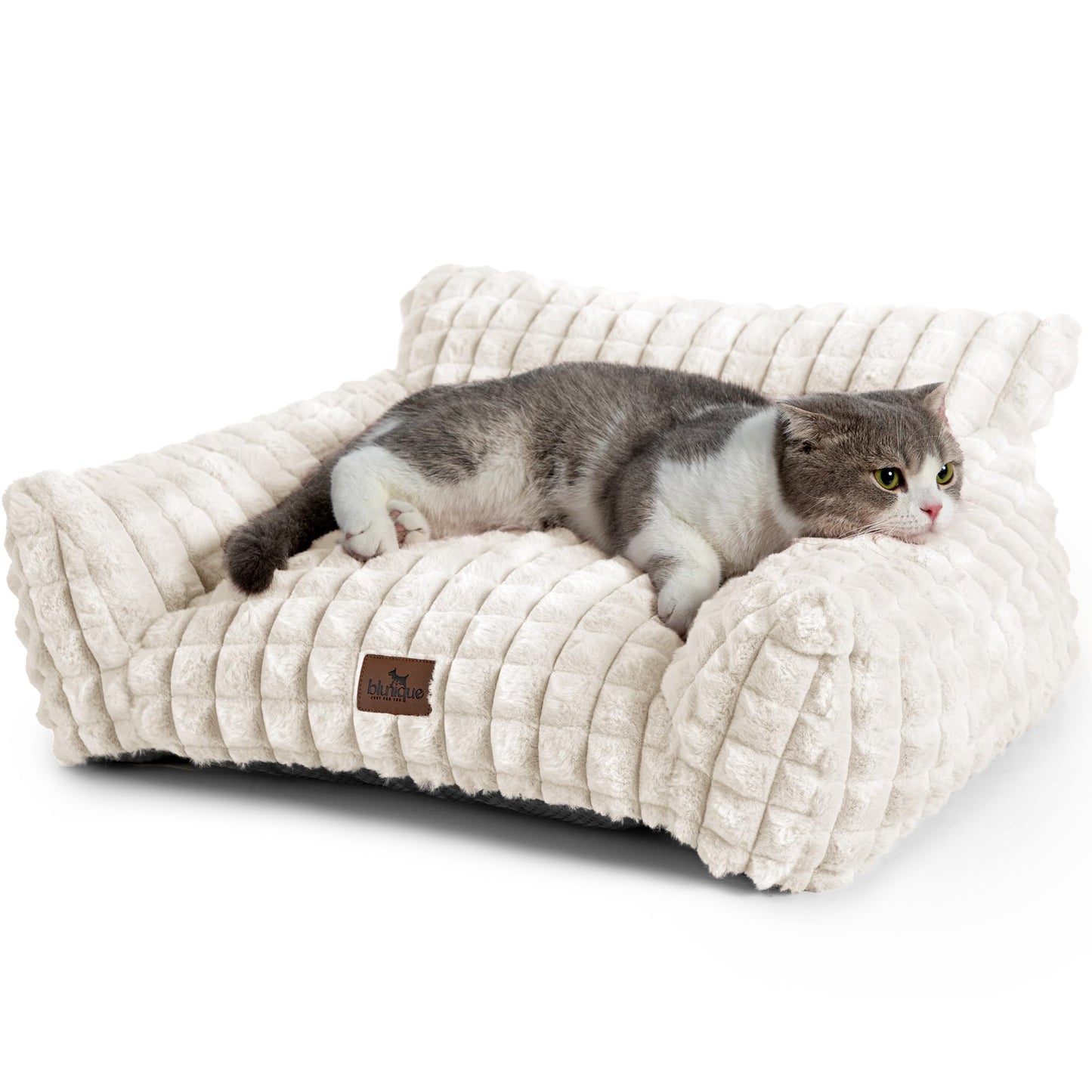 blunique Cat Beds for Indoor Cats - Cute Cat Couch Bed Fluffy Pet Sofa with Faux Rabbit Fur Washable Cover, Fuzzy Pet Couch in 3D Diamond Pattern, Suppportive Large & Small Cats Sofa, 24inch Off White