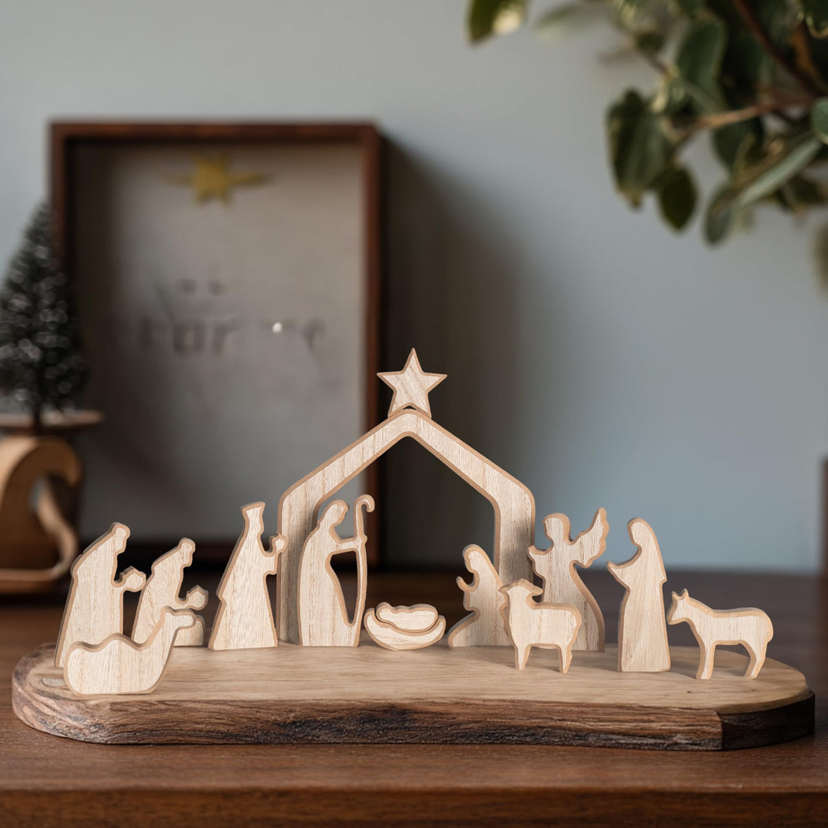 NEROSUN Nativity Scene Set, 13Pcs Wooden Christmas Nativity Scene Miniature Holy Family Figurines, Minimalism Boho Tabletop Christmas Manger Decorations for Christan Indoor Home Mantel Display