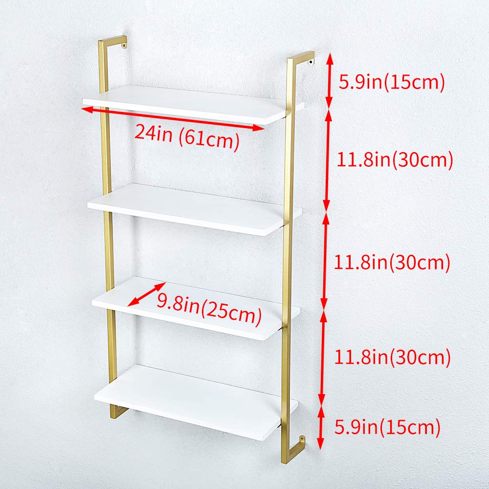 OLDRAINBOW Industrial Metal Wall Shelf,Floating Wood Shelves Wall Mounted,24in Iron Real Wood Book Shelves,4 Tier Bookshelf Shelving