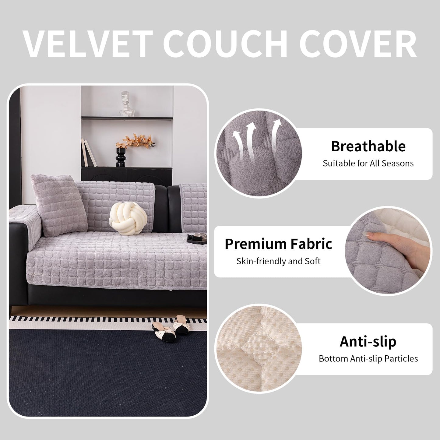 MDSASFD Velvet Couch Cover, Washable Sectional Sofa Cover, Anti Slip Sofa Slipcover for 3 Cushion Couch Sofa L Shaped Armrest Backrest, Furniture Protector Covers for Pets Kids(Light Grey, Only 1 PCS)