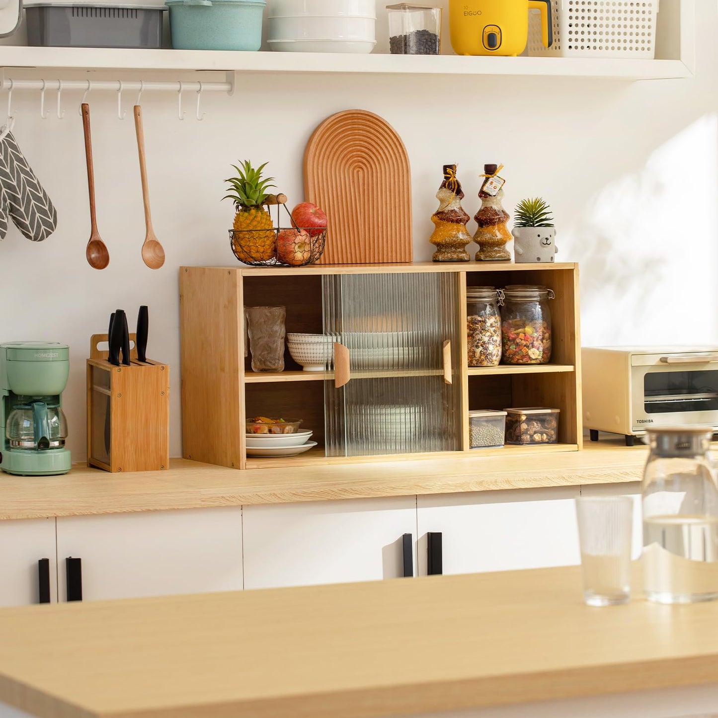 Tiita Small Kitchen Pantry Cabinet, Bamboo Wall Sideboard with Glass Doors, Cupboard Food Pantry Cabinet for Kitchen, Living Room and Dinning Bedroom