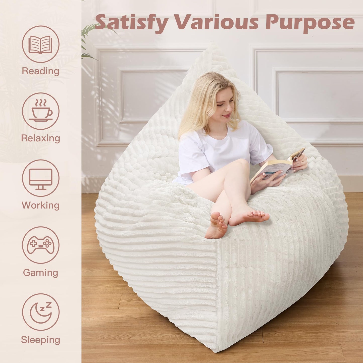 MuaMelop Bean Bag Chair, Giant Bean Bag Chair, 4 in 1 Convertible Beanbag Chairs for Adults with Removable Cover, Memory Foam Floor Cushions, Living Room, Bedroom, Beige