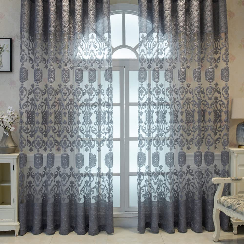 Amidoudou 1 Pair Luxury European Sheer Curtains Hollow Embroidered Tulle Curtains for Bedroom Living Room (Gray,54x96 Inch)