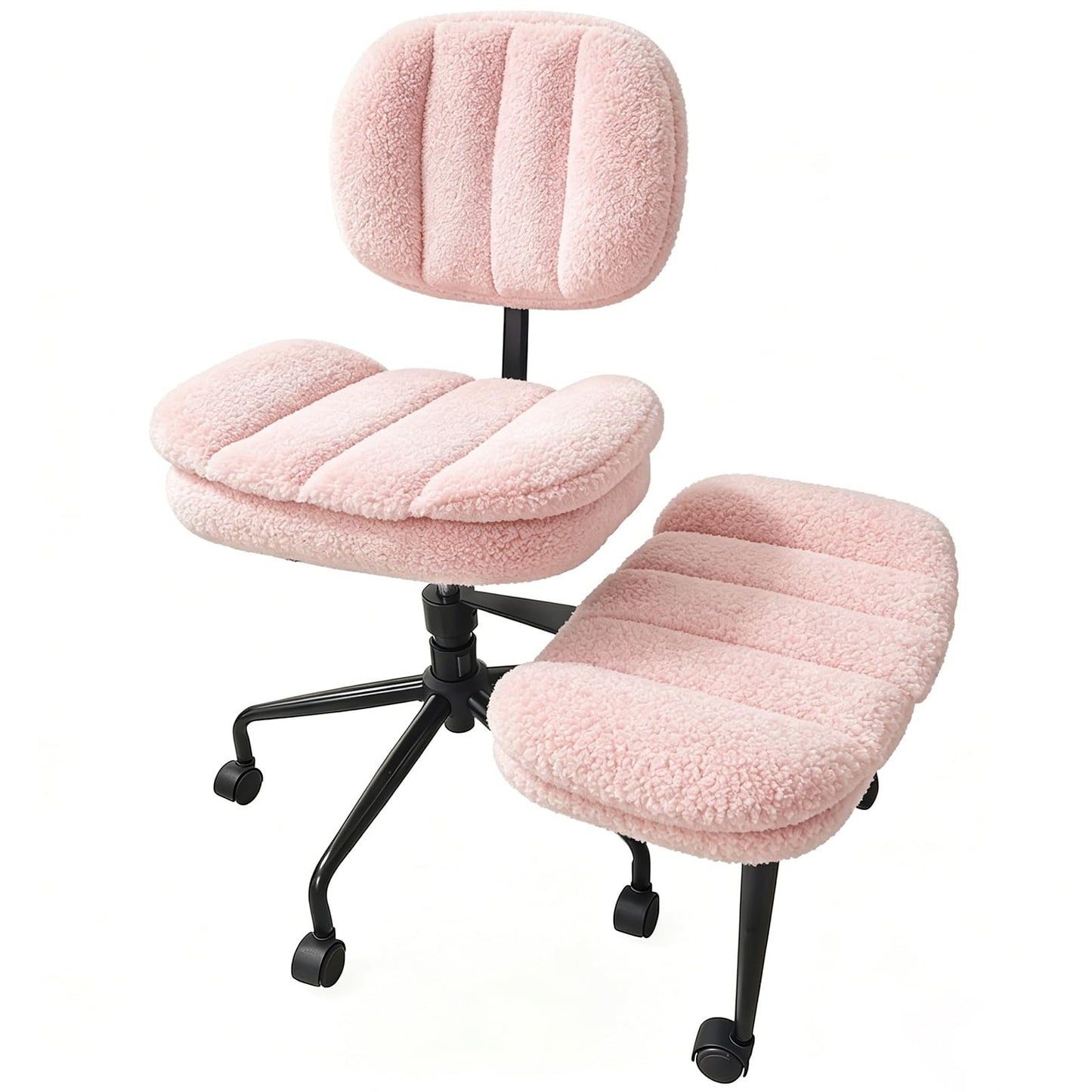Criss Cross Chair with Footrest, 360° Swivel Faux Shearling Office Chair, Extra Wide Seat with Sofa-Like Comfort, Ergonomic Cross Legged Desk Chair for Cozy Reading, Meditation (Pink)