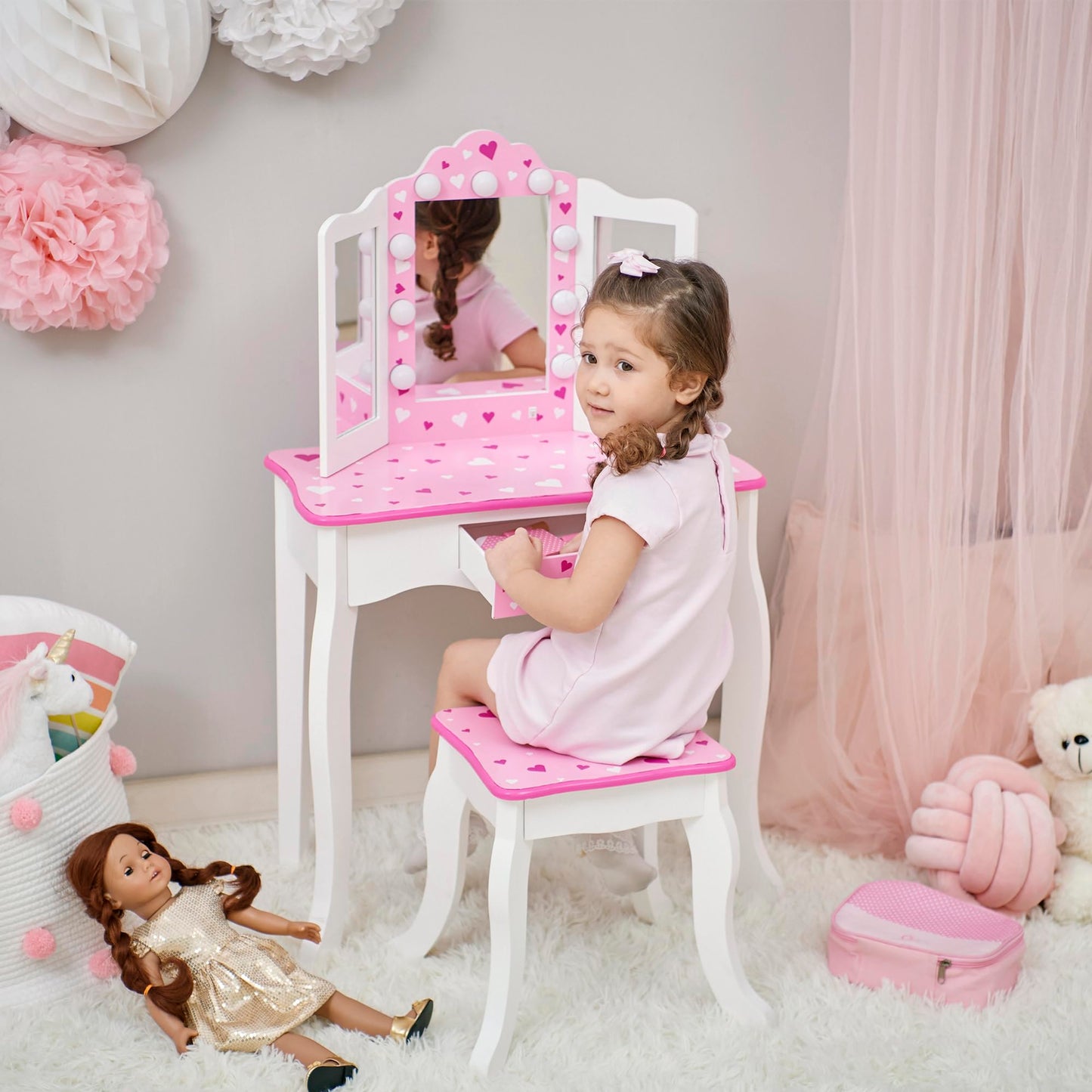 Teamson Kids - Sweethearts Print Gisele Medium Vanity - White/Pink