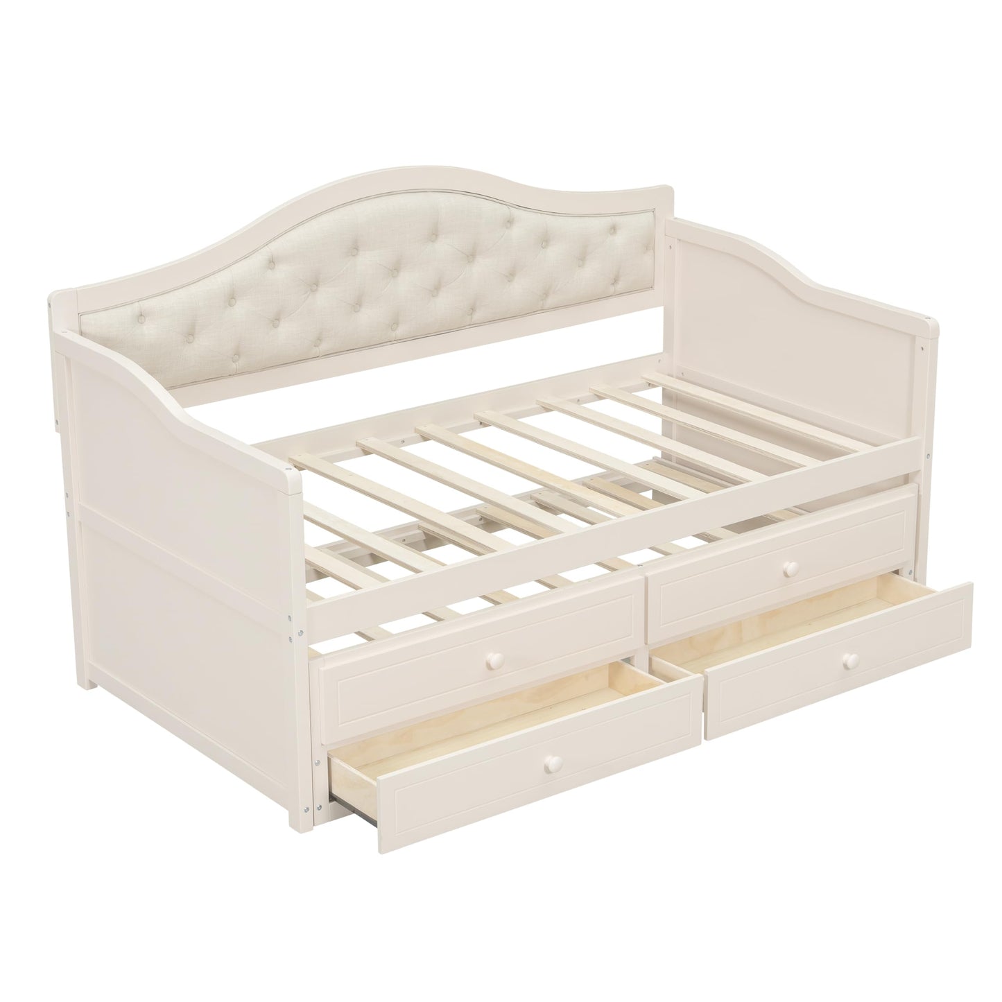 NCKMYB Multifunctional Twin Daybed with Trundle, Wood Sofa Bed with 2 Storage Drawers and Upholstered Back, Space Saving for Small Rooms, Guest Room, Dorm (Beig)