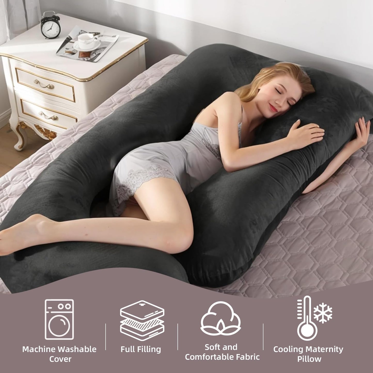 HychYAYA 60 Inch Full Body Pregnancy Pillows for Sleeping Cooling Pregnancy Pillow,U Shaped Pregnancy Body Pillow,Maternity Pillows for Pregnant Women with Removable Washable Velvet Cover.(Black)