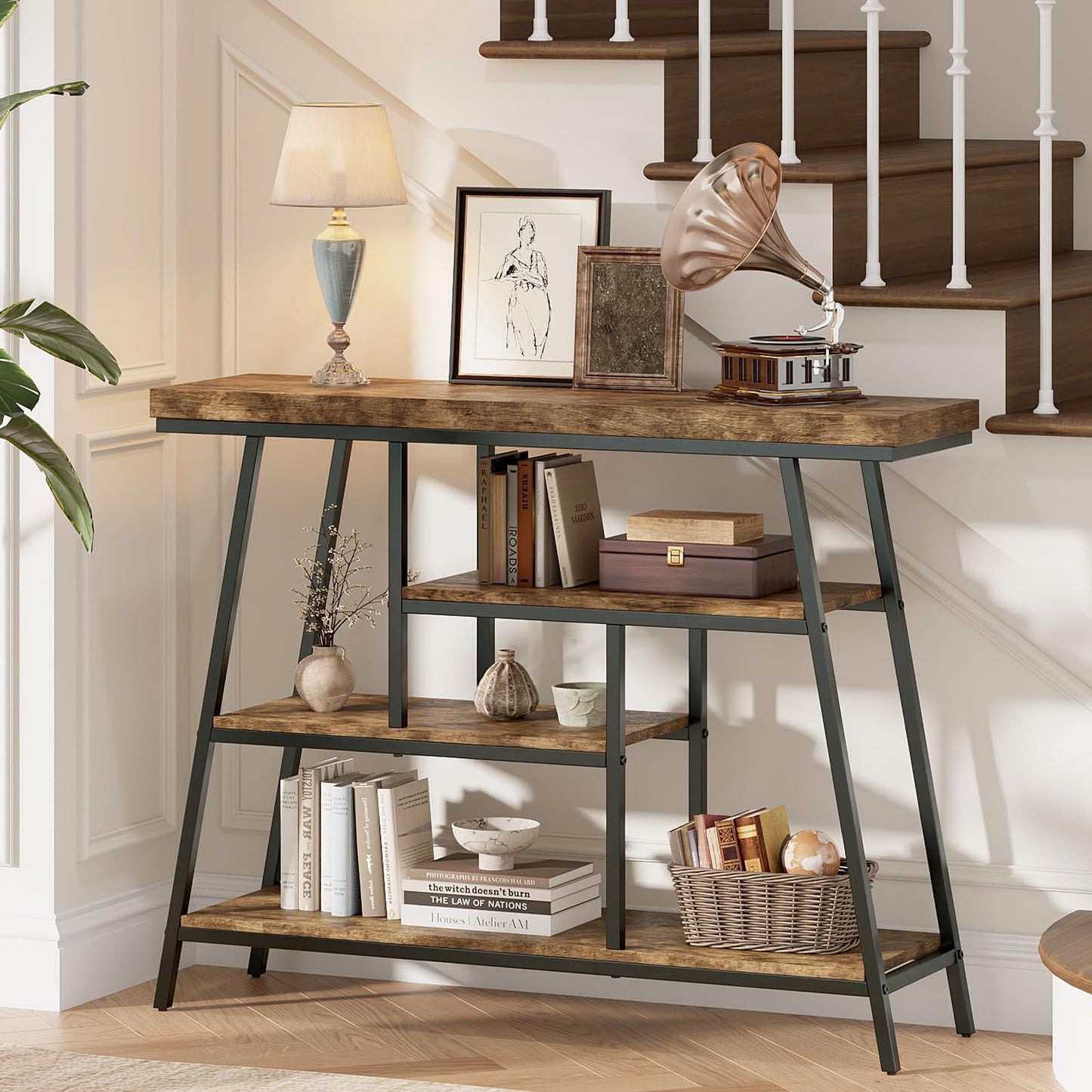 FJLHOHG 43.3" Console Table, Industrial 4-Tier Sofa Table Entryway Table with Arched Metal Frame, Storage Shelves, Narrow Wood Accent Tables with Small Spaces,Living Room,Hallway,Foyer, Rustic Brown