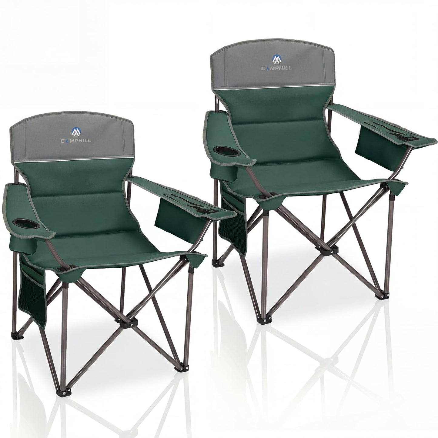 CAMPHILL Oversized Camping Chairs 2 Pack - Heavy Duty 400LBS Padded Lawn Chair with Cooler Bag,Cup Holder,Side Pocket,Collapsible for Outdoor,Camp,Fishing & Garden,Dark Green