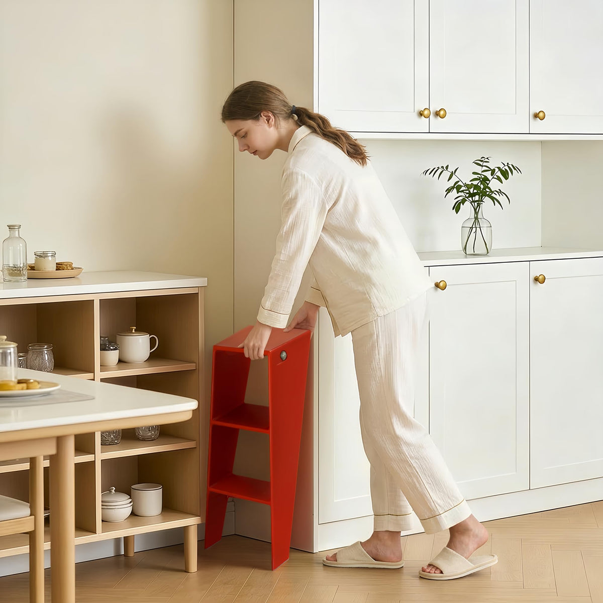 HOTEAGLE Ladder Shelf, Multifunctional 3-Tier Bookshelf, Stylish Bedroom Shelves Double as Bedside Table, Side Table for Home Living Room, Kitchen and Bedroom,Red