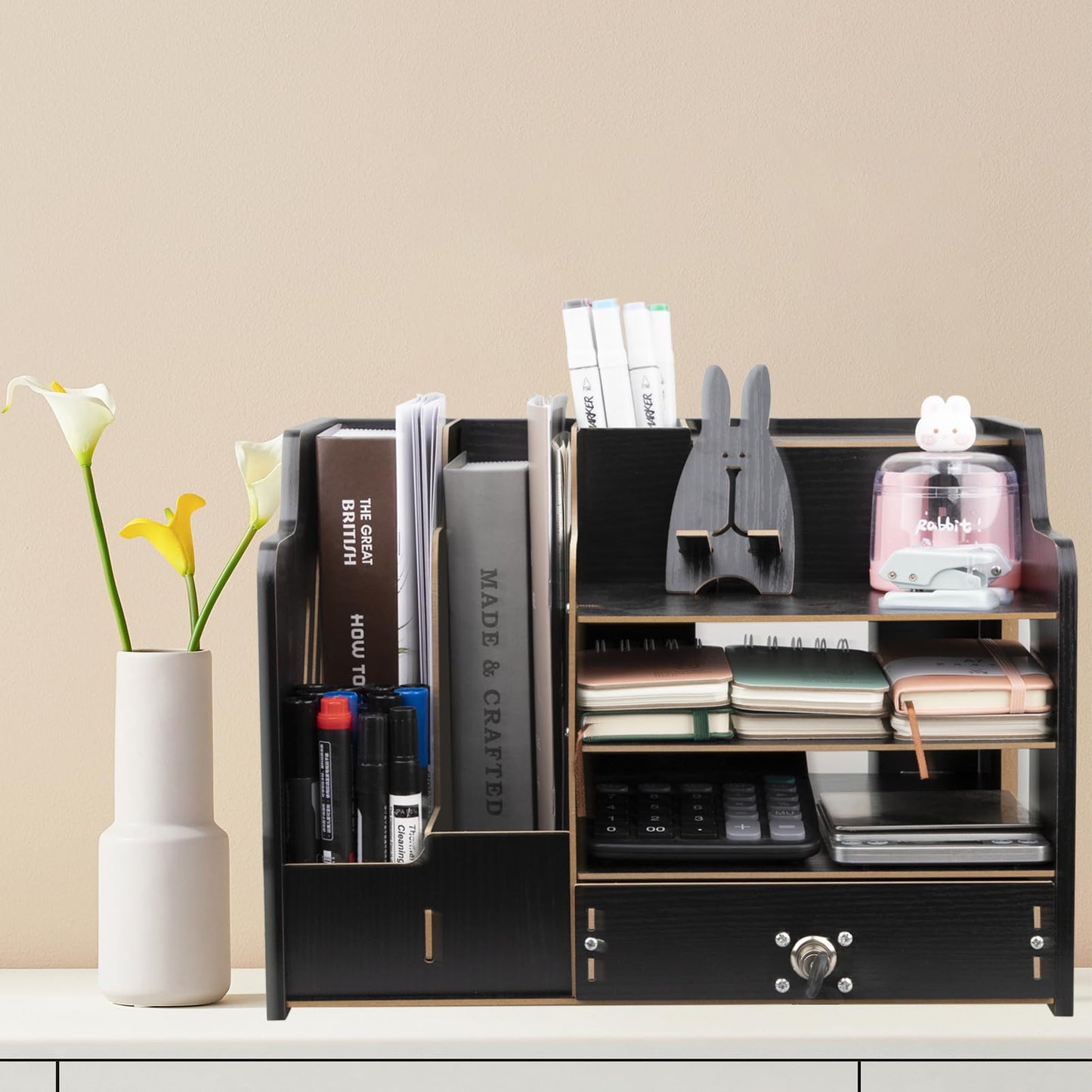 Zyners Bamboo Desk Organizer, Desktop Wood Bookshelf File Organizer, Pen Holder and Tissue Holder, 1 Drawer with lock for Office, Home, Need to Install (Light black)