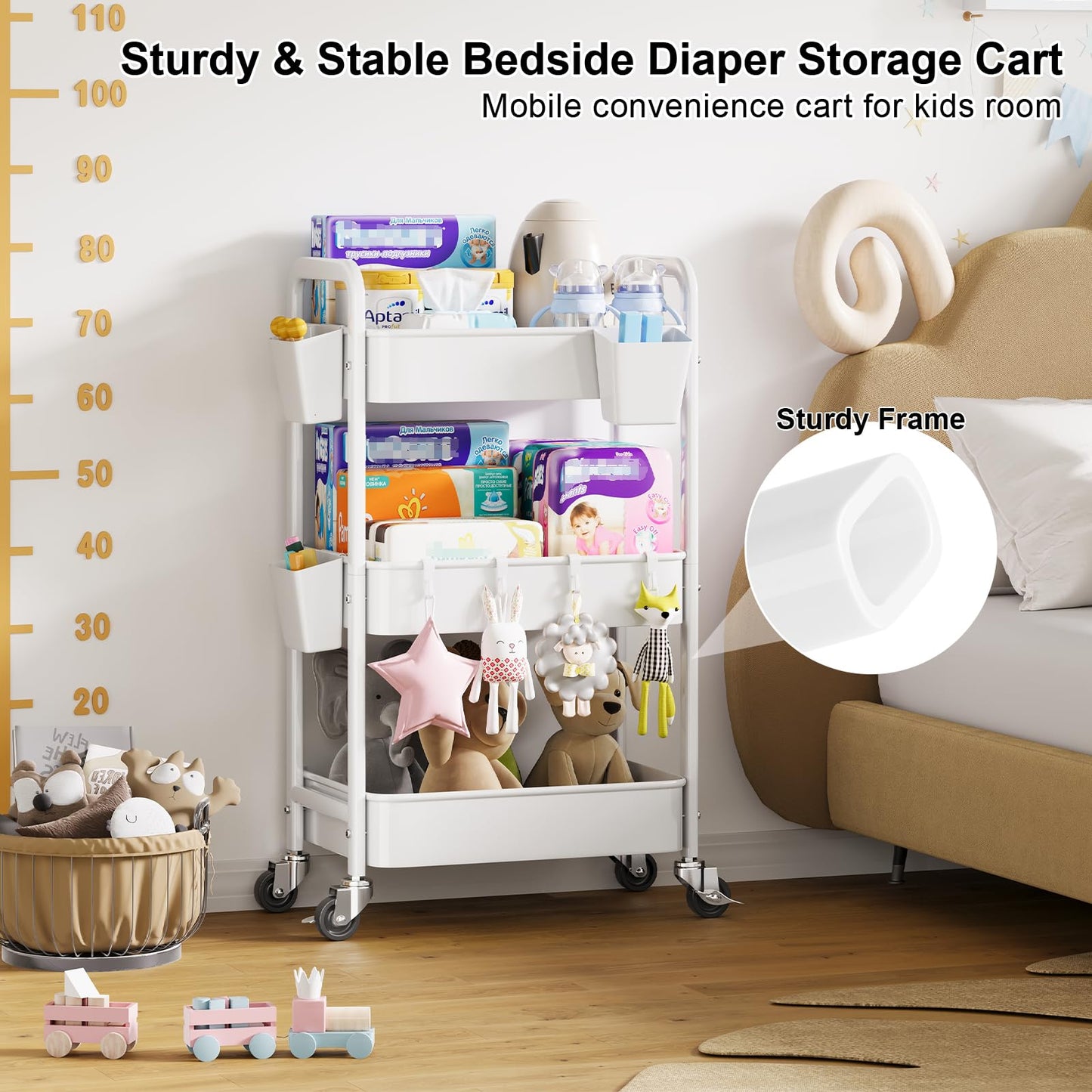 3 Tier Rolling Cart with Wheels, Metal Utility Storage Cart on Wheels, Craft Carts Organizer with Hanging Cups, Hooks, Three Tiered Rolling Carts for Bathroom, Laundry Room, Nursery, Office, White