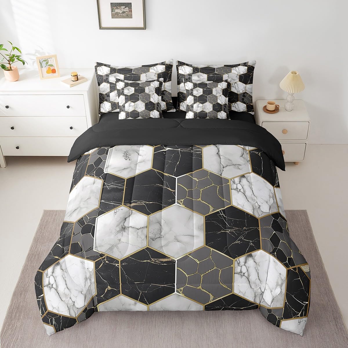 Erosebridal Black Grey Marble 7 Piece Bed in A Bag White Gray Hexagon Honeycomb Comforter Set King for Kids Boys Teen Adults Men Gold Marble Grain Bedding Set Geometric Marbling Art Bed Set