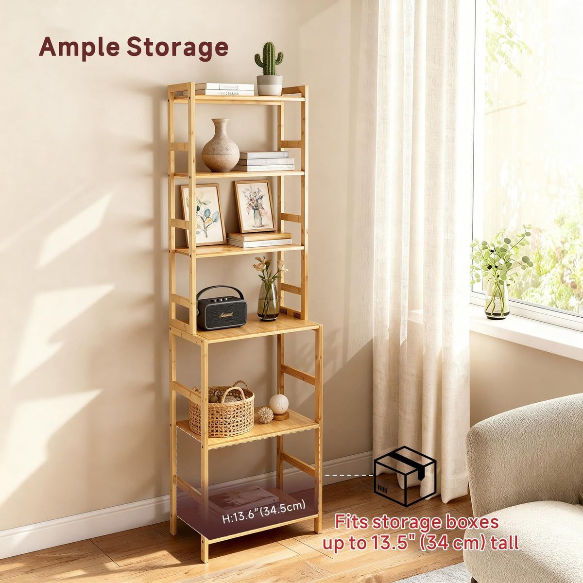 EIUTQRU Bamboo Living Room Bookcases, 6 Tier Standing Ladder Shelf Bookshelf, Multifunctional Narrow Shelving Unit Storage Rack for Garage, kitchen, Office, Bookroom, Corner, 42 x 30 x 160 cm