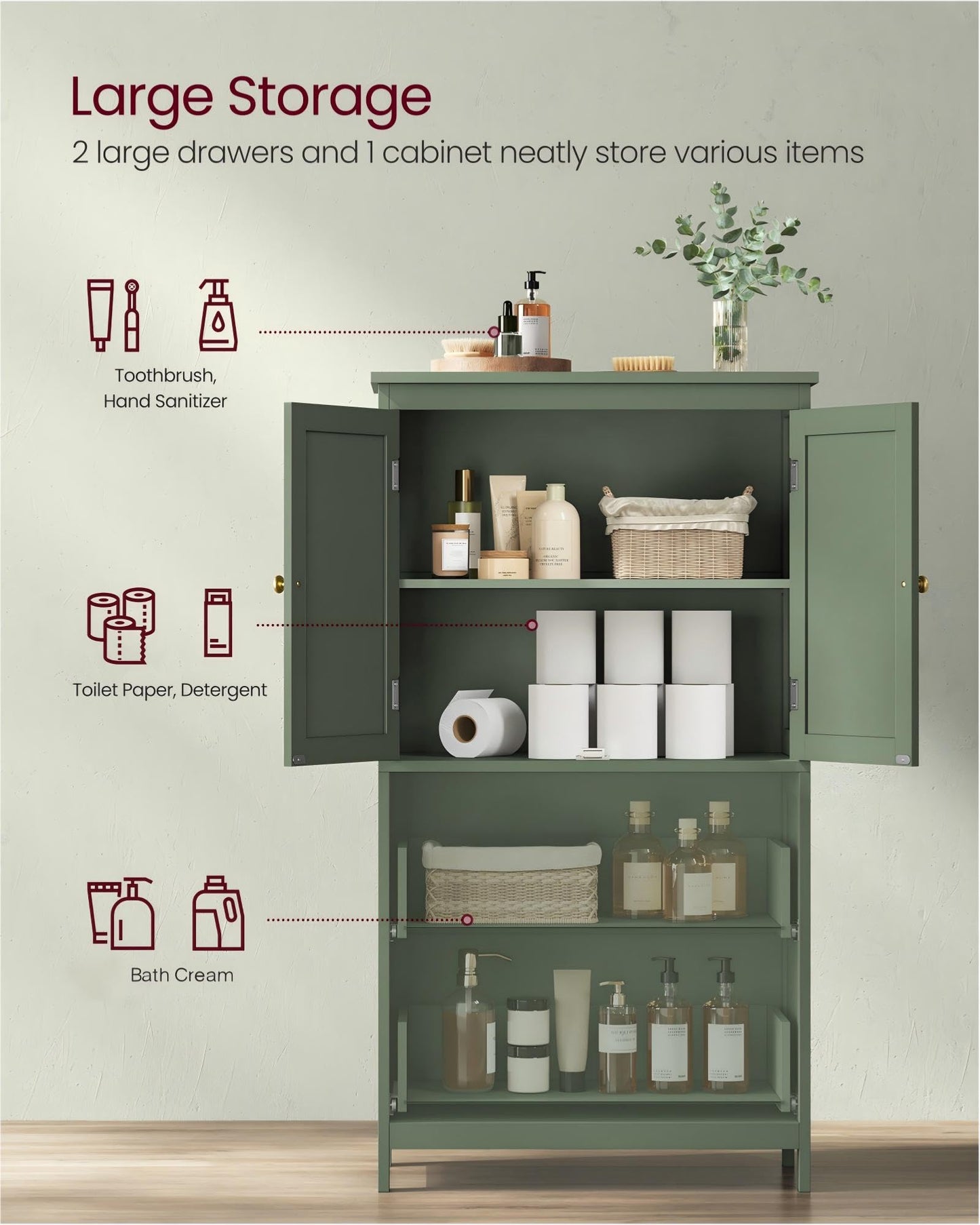 VASAGLE Floor Storage Cabinet, Freestanding Storage Unit with 4 Doors, Adjustable Shelves, 11.8 x 23.6 x 43.3 Inches, for Entryway, Bathroom, Forest Green UBBC552C01