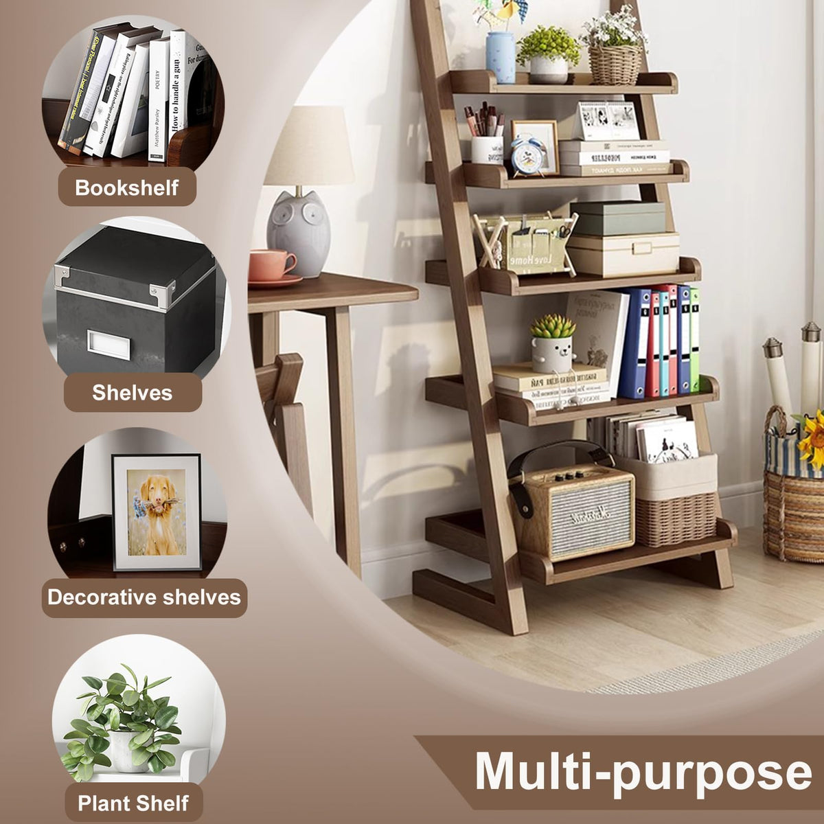 BFECGDXT Ladder Shelf Bookcase, 5 Tier Walnut Wooden Ladder Bookshelf, Space-Saving Freestanding Storage Rack for Living Room, Home Office and Bedroom, 55.1" H