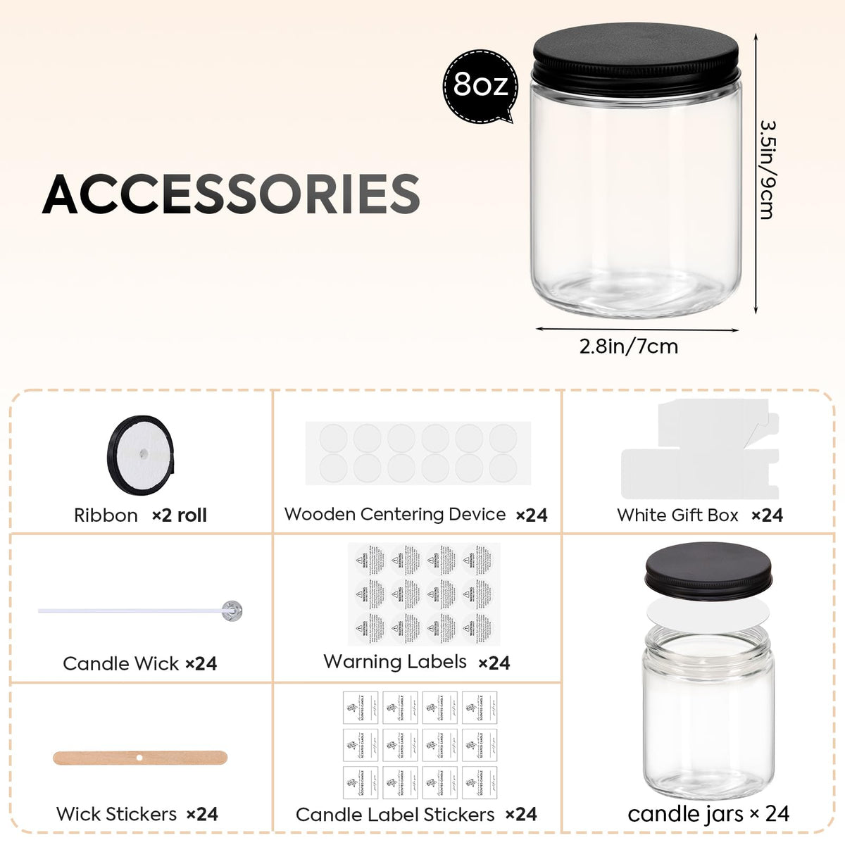 24 Pack 8OZ Thick Glass Jars with Metal Lids,Candle Jars for Candle Making with Kits & Labels & Gift Box,Empty Glass Jars for Food Storage,Canning, Spices, Liquids