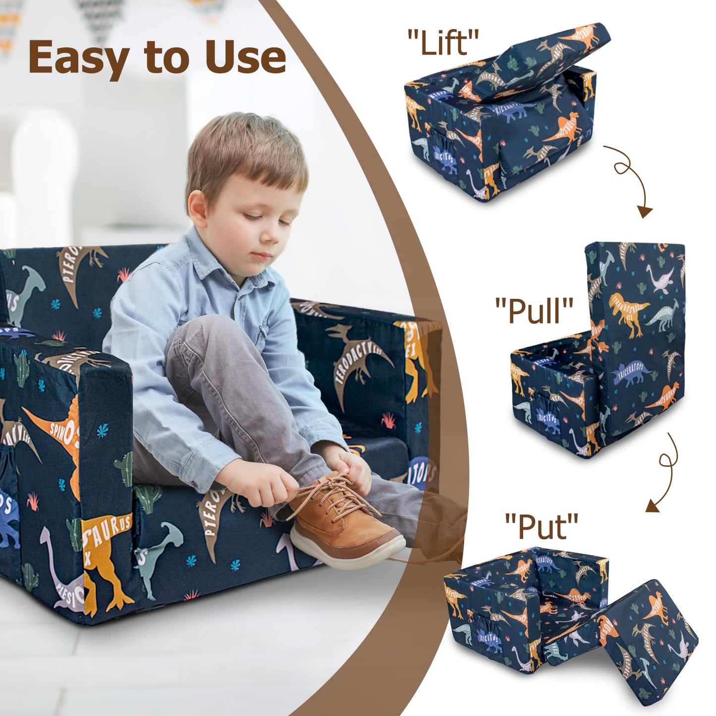 Beavtaens Kids Couch, 2-in-1 Kids Fold Out Couch, Convertible Kid Sofa to Lounger for Girls and Boys, Soft Toddler Chairs Comfy 1-3 Years Old (Dinosaur)