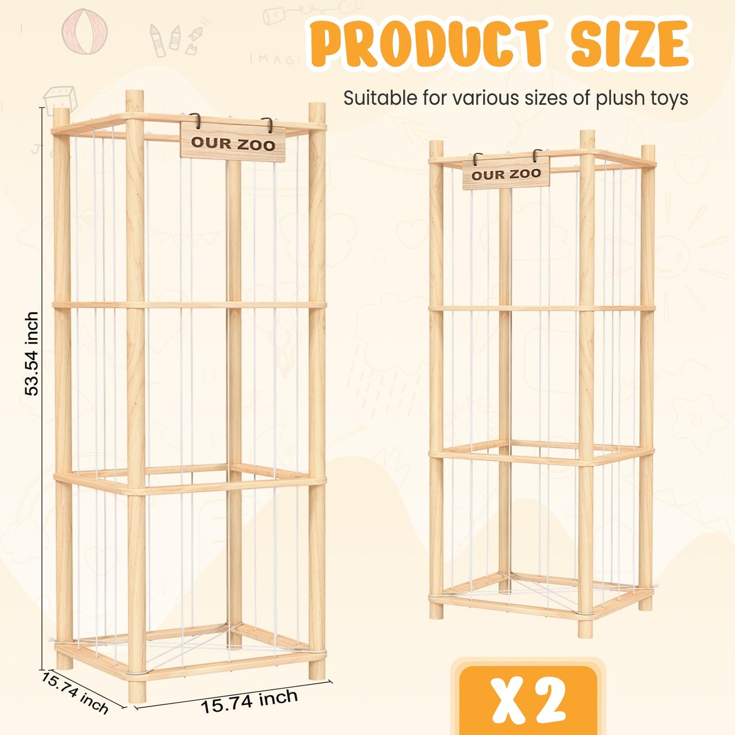 Woodure Stuffed Animal Storage & Organizer, Wooden Cute Zoo Toy Holder for Toddler Rooms, Playrooms & Bedrooms(2pcs)