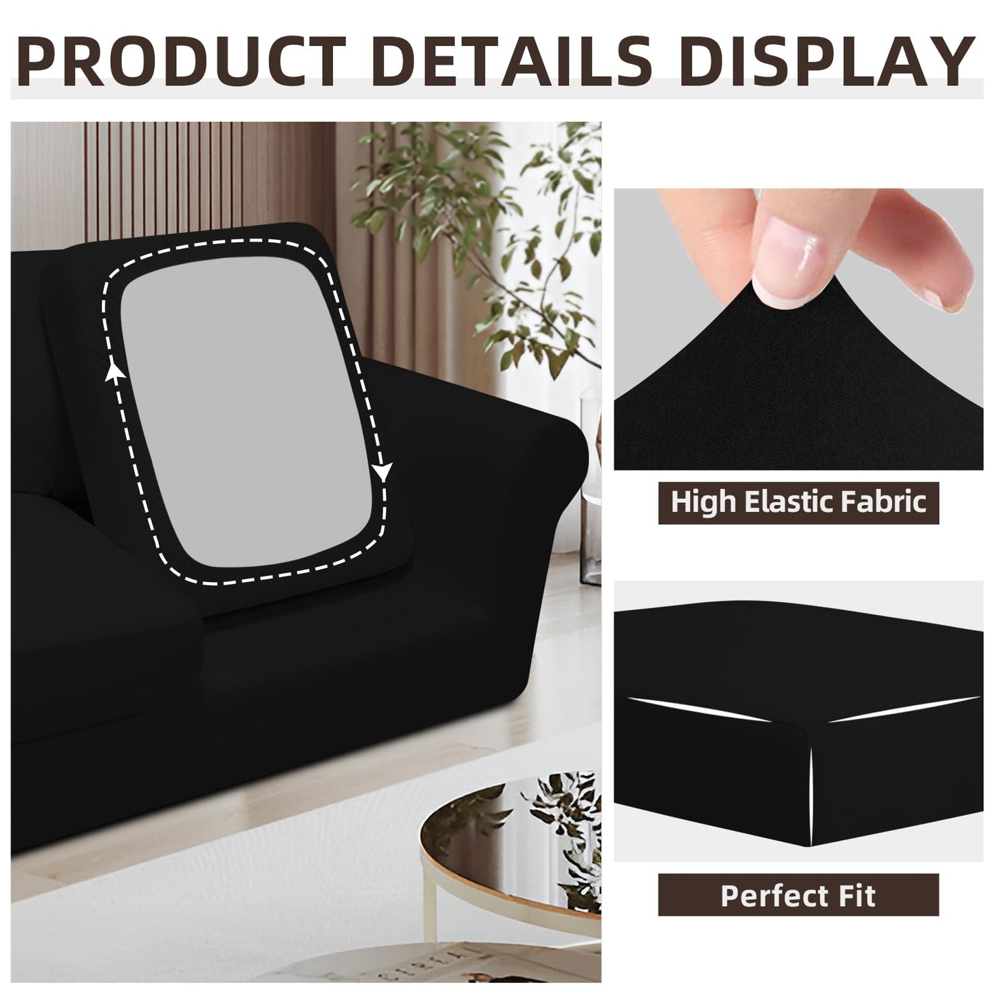 Easy-Going 7 Pieces Stretch Couch Cover Washable Sofa Cover Set for 3 Backrest and Seat Cushion Couch Anti-Slip Sofa Slipcover Furniture Protector with Elastic Bottom (Large, Black)