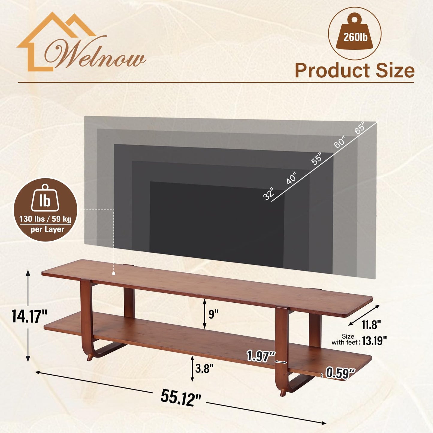 Welnow Low Bamboo TV Stand for Up to 65 Inch, Small Mid Century Modern Entertainment Center with 2-Tier Open Shelves, Walnut Media Console Table for Living Room, Bedroom