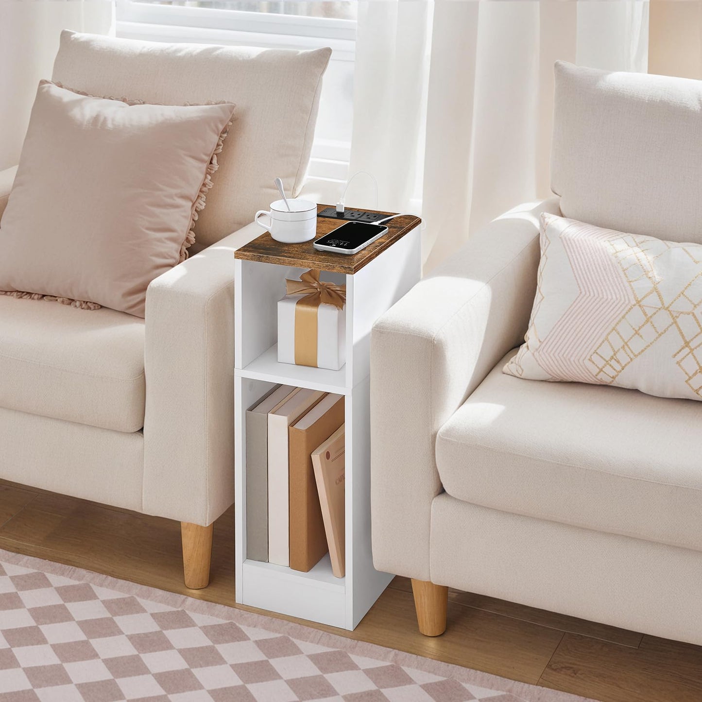 MAHANCRIS Narrow Nightstand, Narrow End Table with Charging Station, Skinny Bedside Table for Small Spaces, Mid Century Modern Night Stand for Bedroom, Living Roon, Rustic Brown and White ETBR30E01